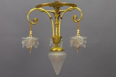 French Louis XVI Style Bronze and Frosted Glass Four-Light Pendant Chandelier