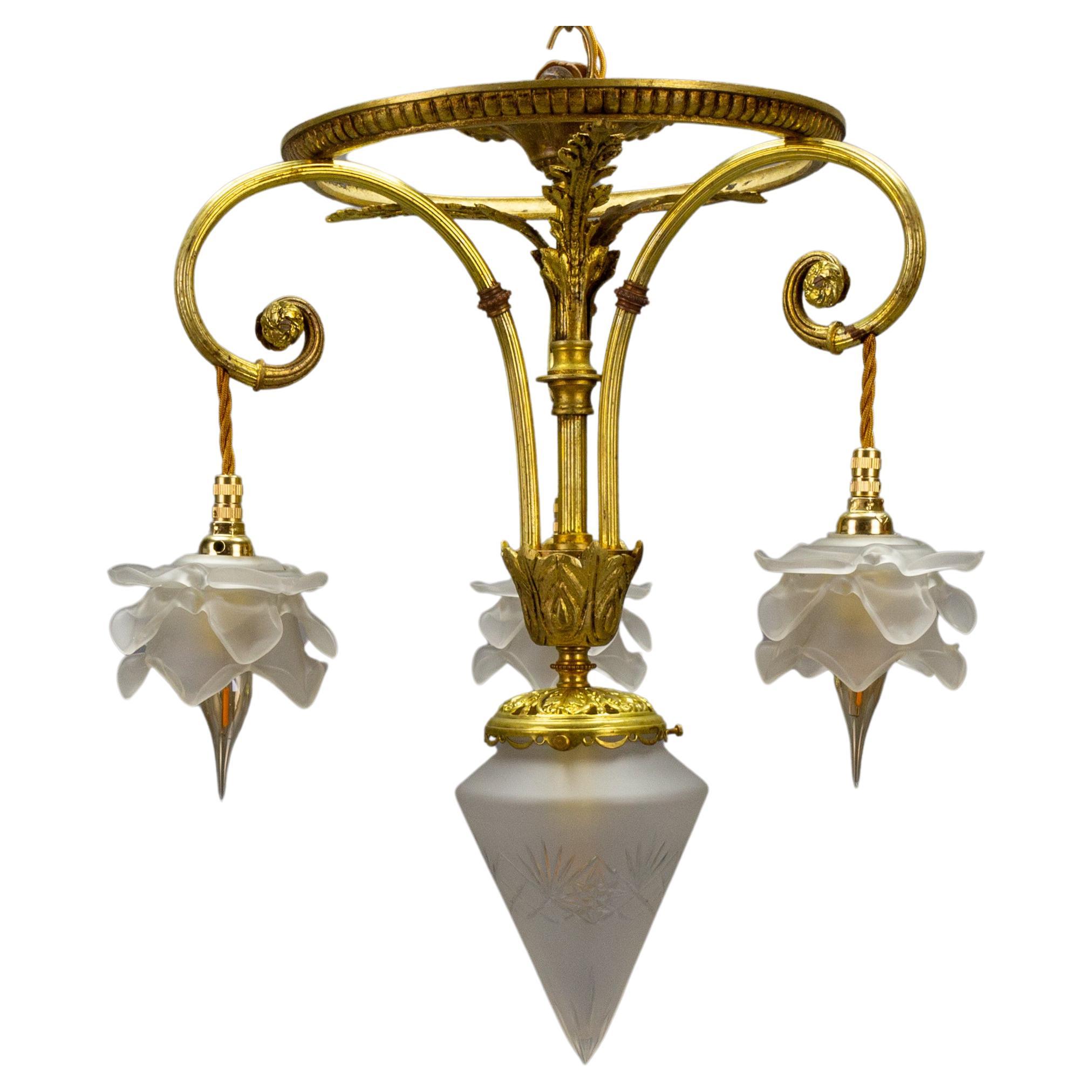 French Louis XVI Style Bronze and Frosted Glass Four-Light Pendant Chandelier For Sale