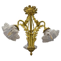 French Louis XVI Style Bronze and Frosted Glass Three-Light Chandelier, ca 1920