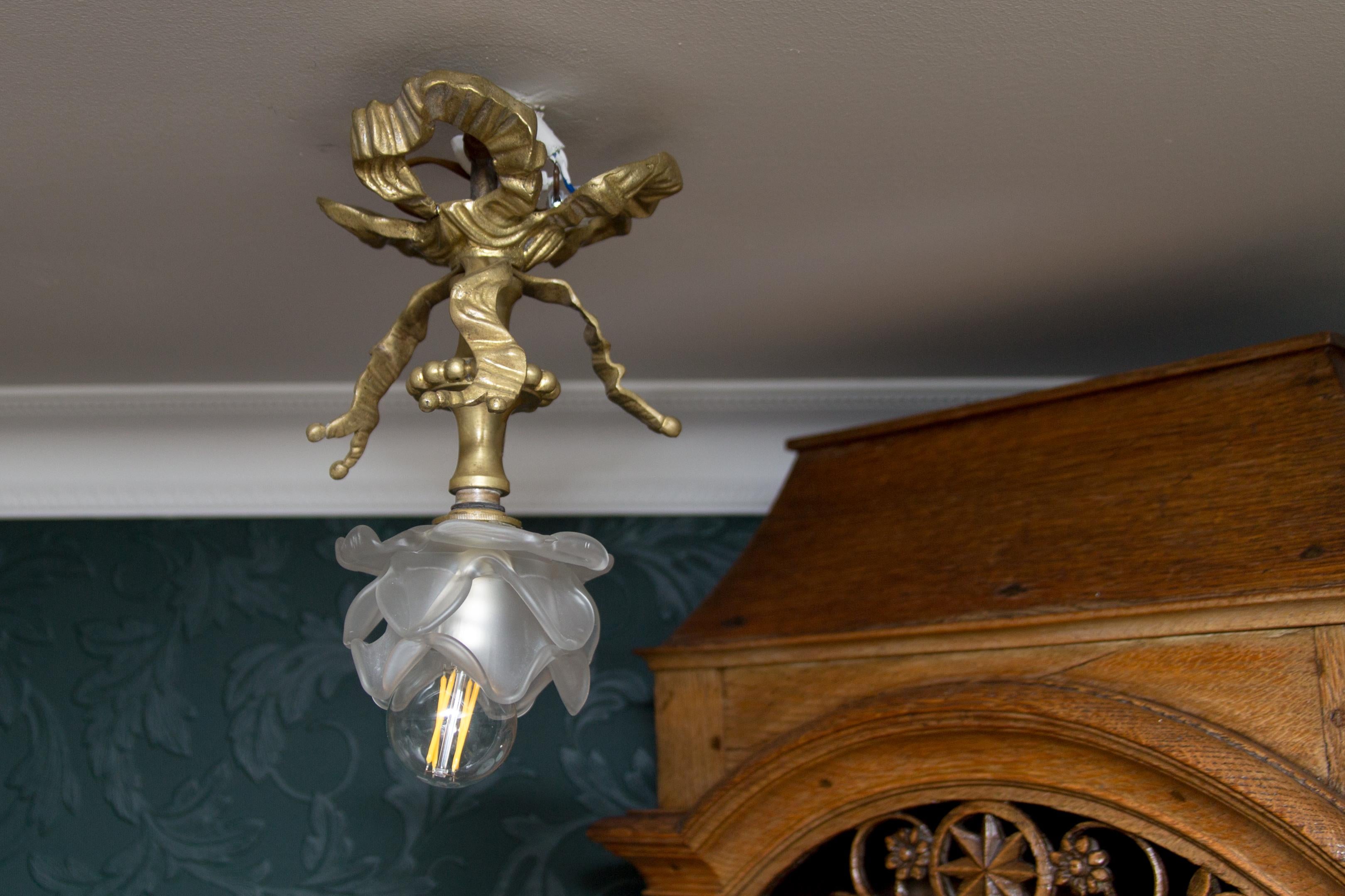 French Louis XVI Style Bronze and Glass Ceiling Lamp 7