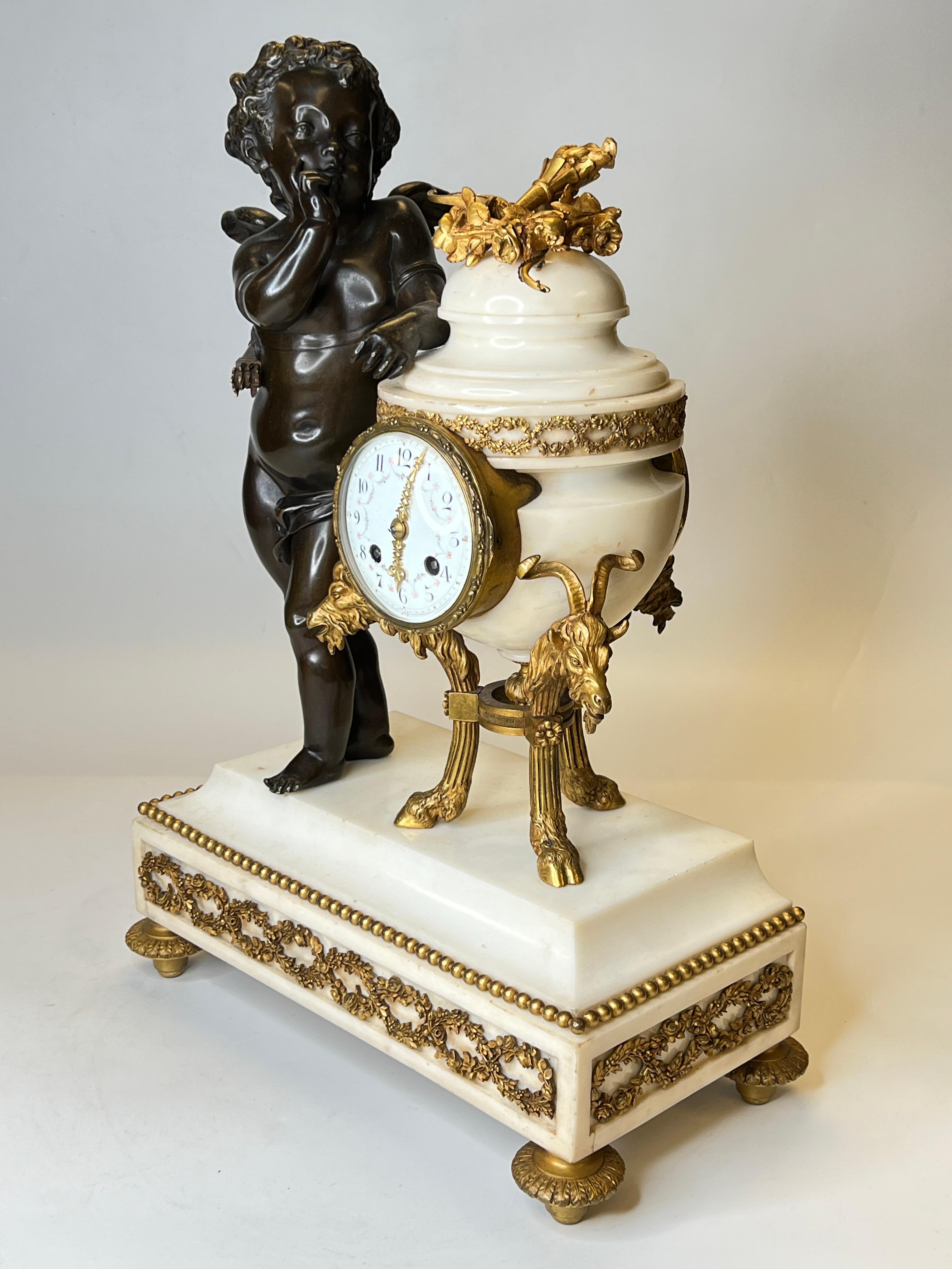  French Louis XVI style Bronze and Marble Mantel Clock by Ferdinand Gervais For Sale 6