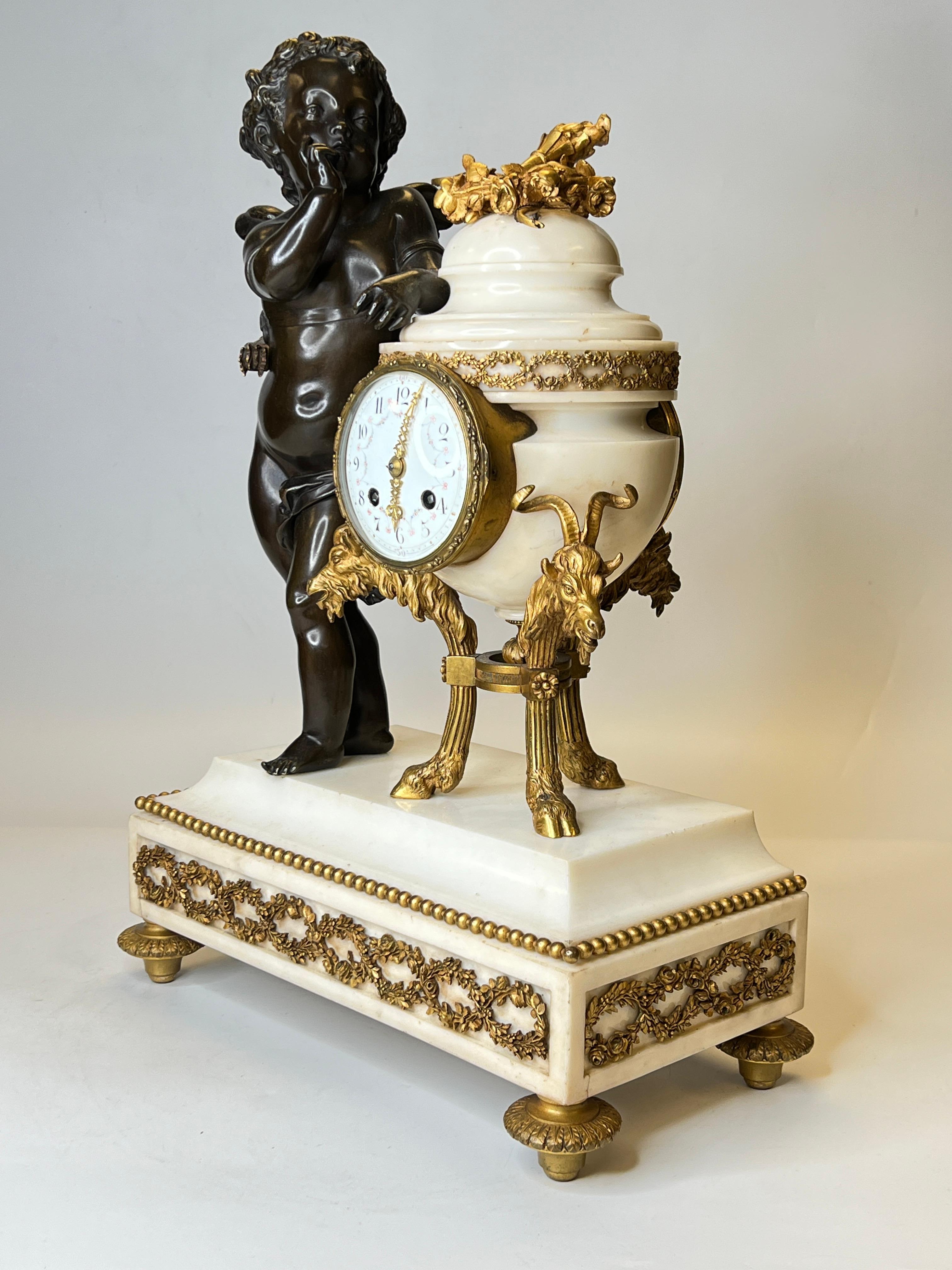  French Louis XVI style Bronze and Marble Mantel Clock by Ferdinand Gervais For Sale 8