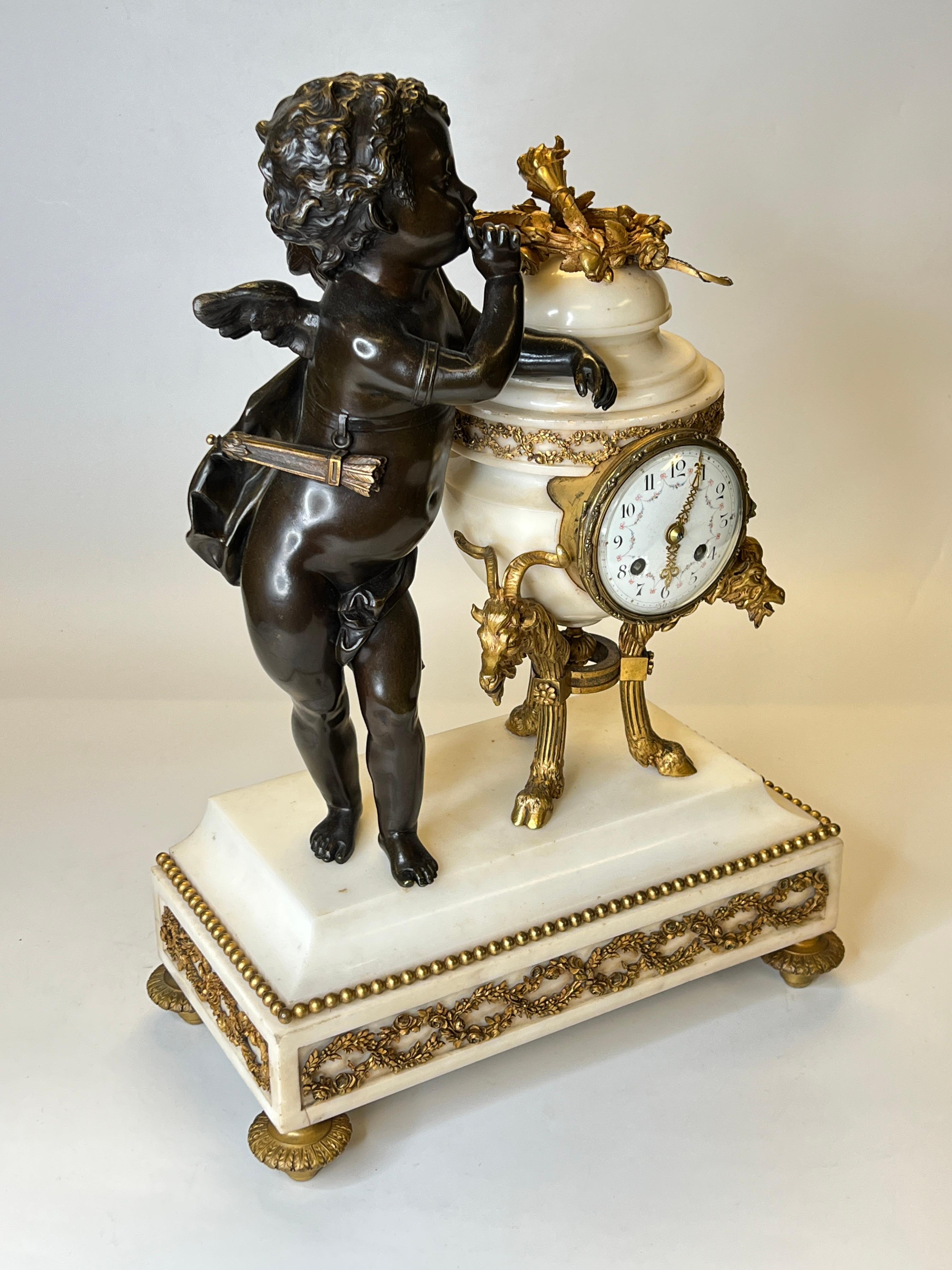 19th Century  French Louis XVI style Bronze and Marble Mantel Clock by Ferdinand Gervais For Sale