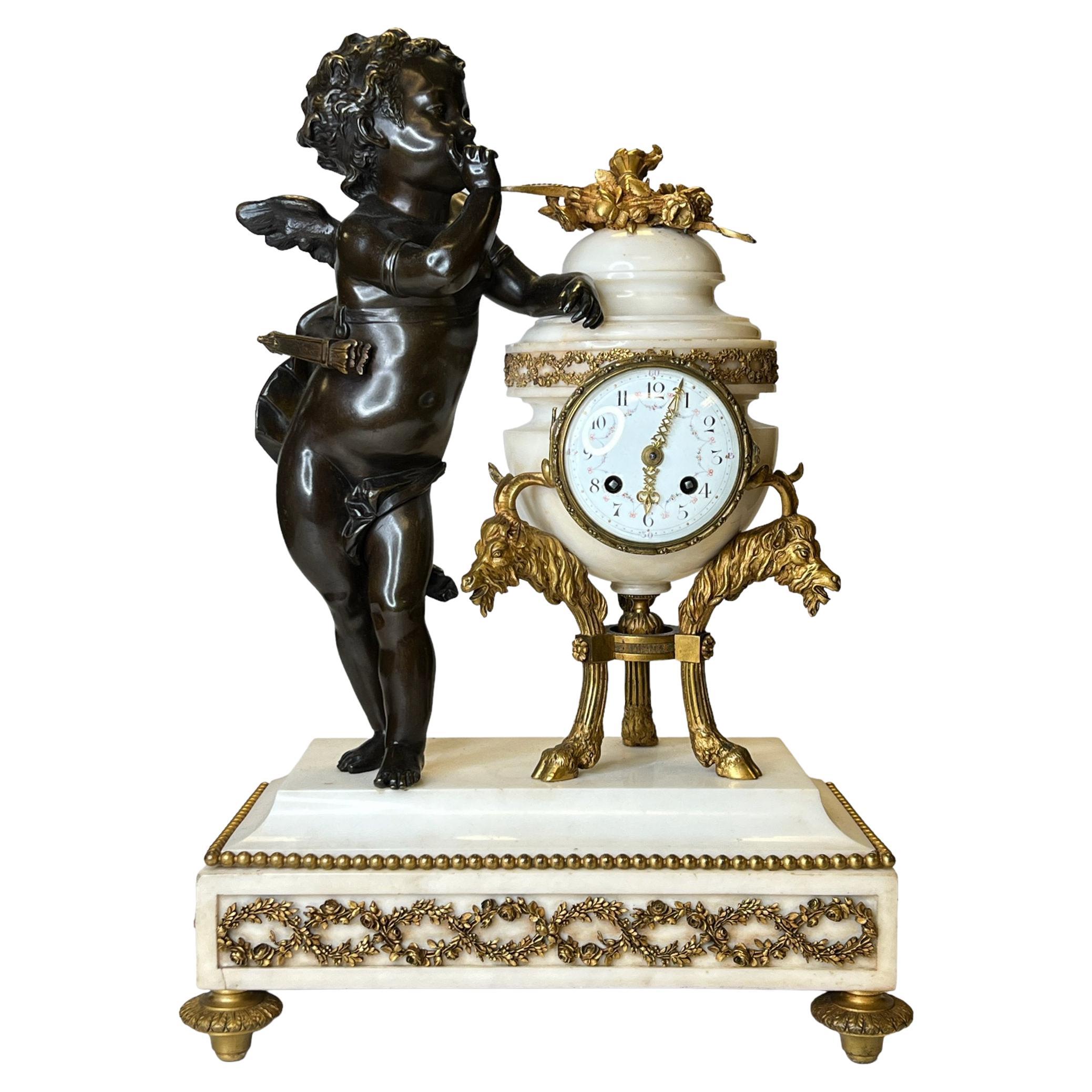  French Louis XVI style Bronze and Marble Mantel Clock by Ferdinand Gervais For Sale