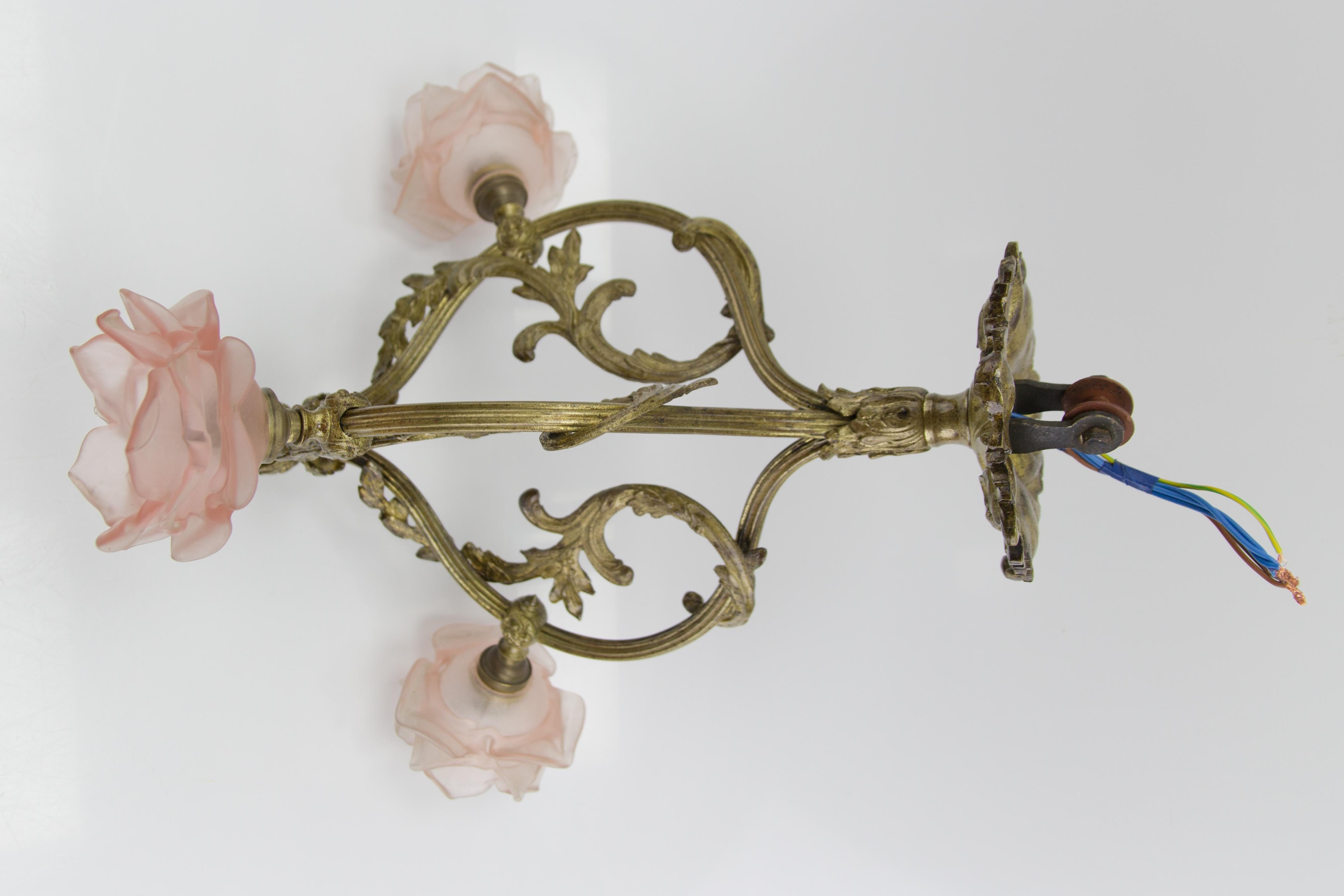 French Louis XVI Style Bronze and Pink Frosted Glass Three-Light Chandelier 5