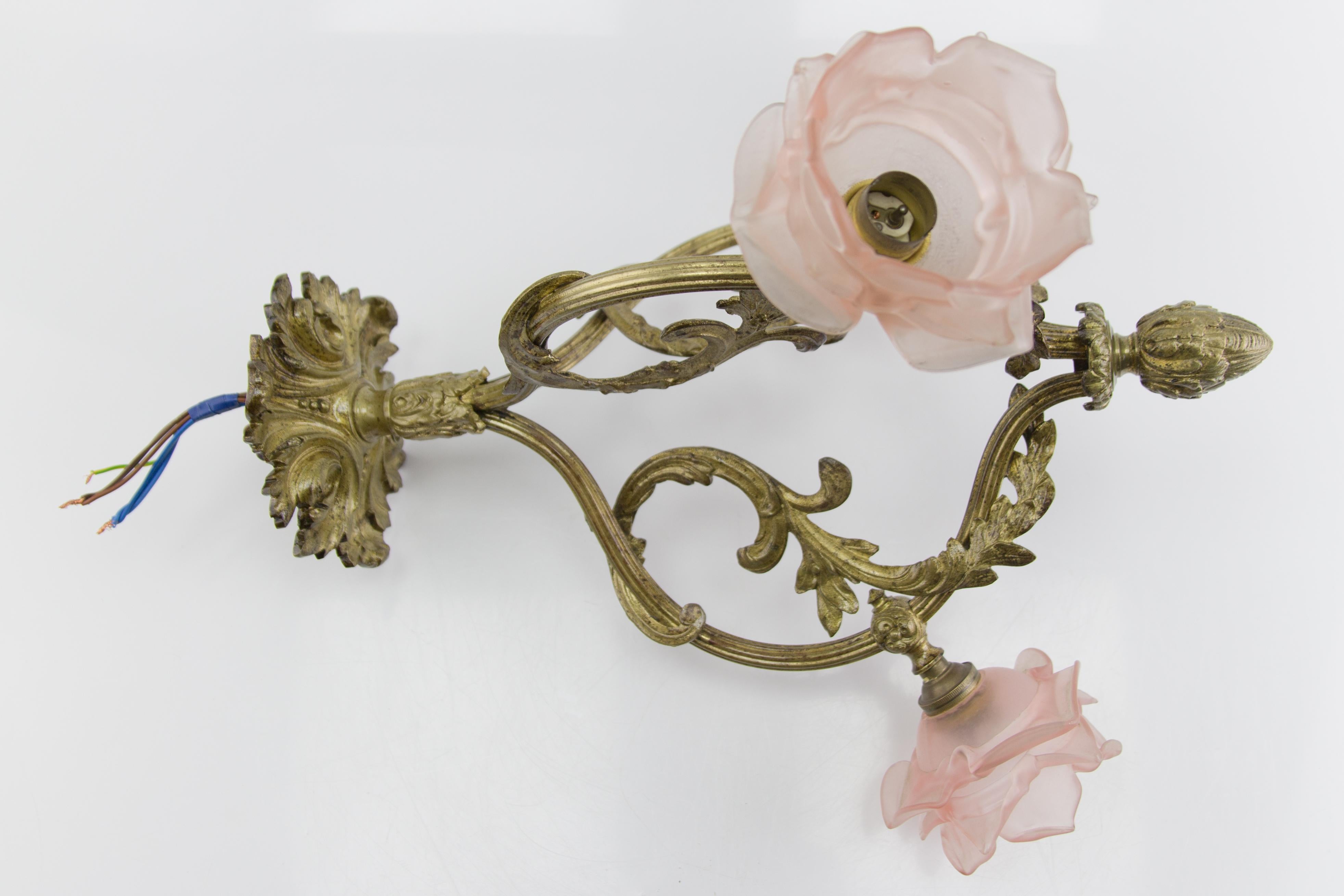 French Louis XVI Style Bronze and Pink Frosted Glass Three-Light Chandelier 6