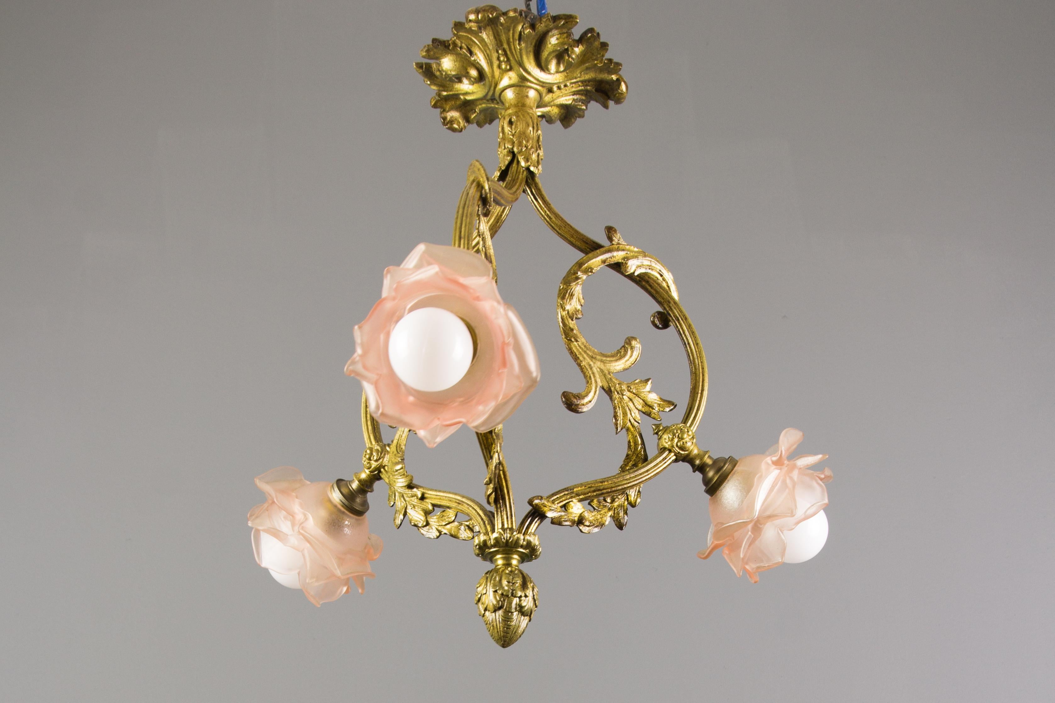 French Louis XVI Style Bronze and Pink Frosted Glass Three-Light Chandelier 14
