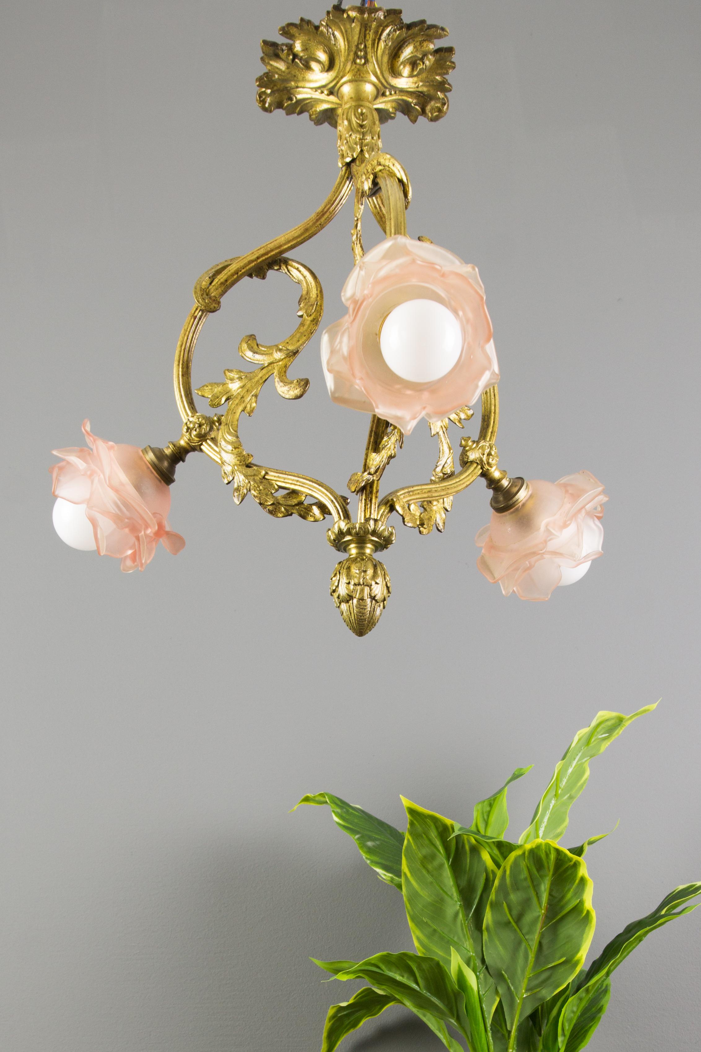 French Louis XVI Style Bronze and Pink Frosted Glass Three-Light Chandelier 1