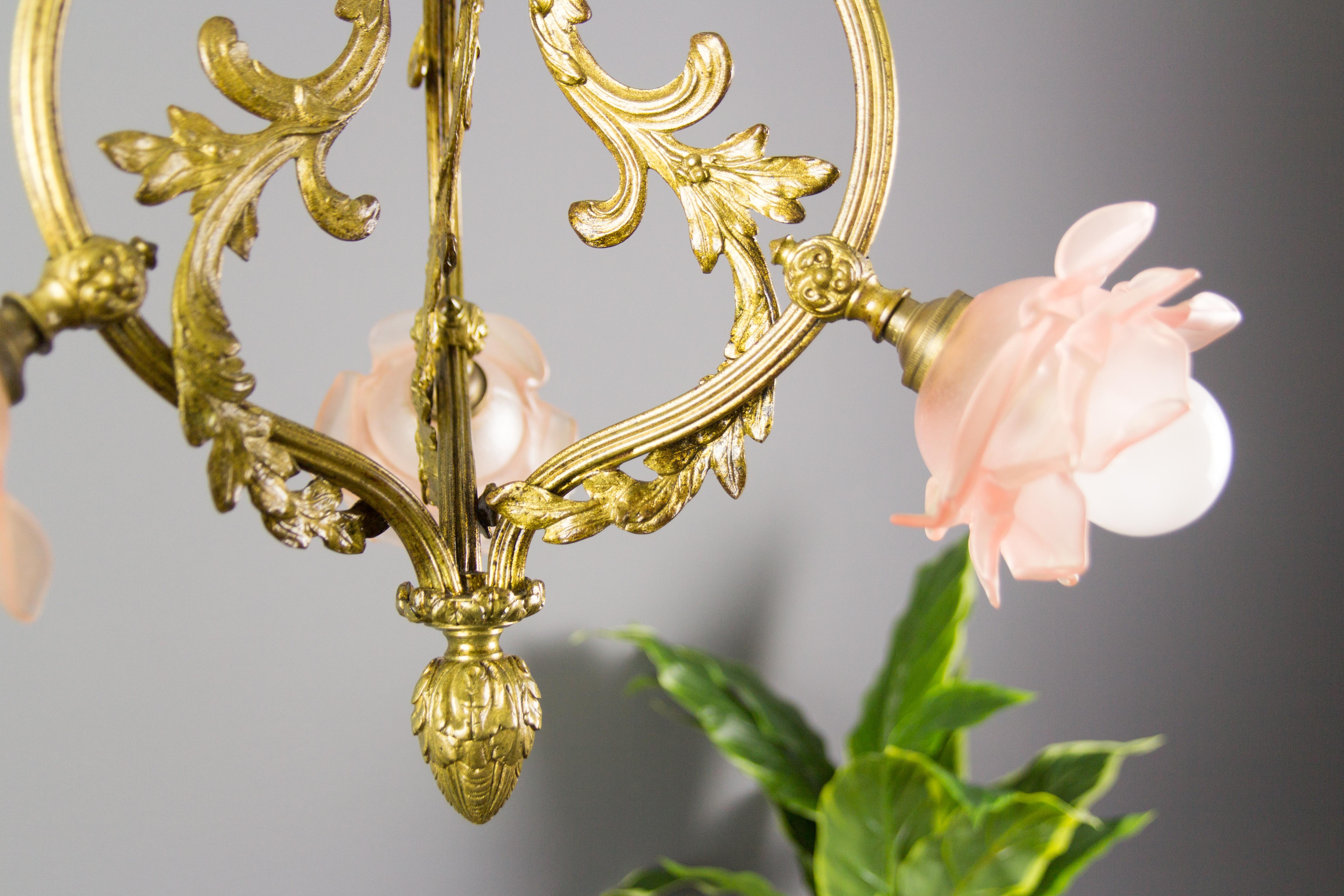 French Louis XVI Style Bronze and Pink Frosted Glass Three-Light Chandelier 2