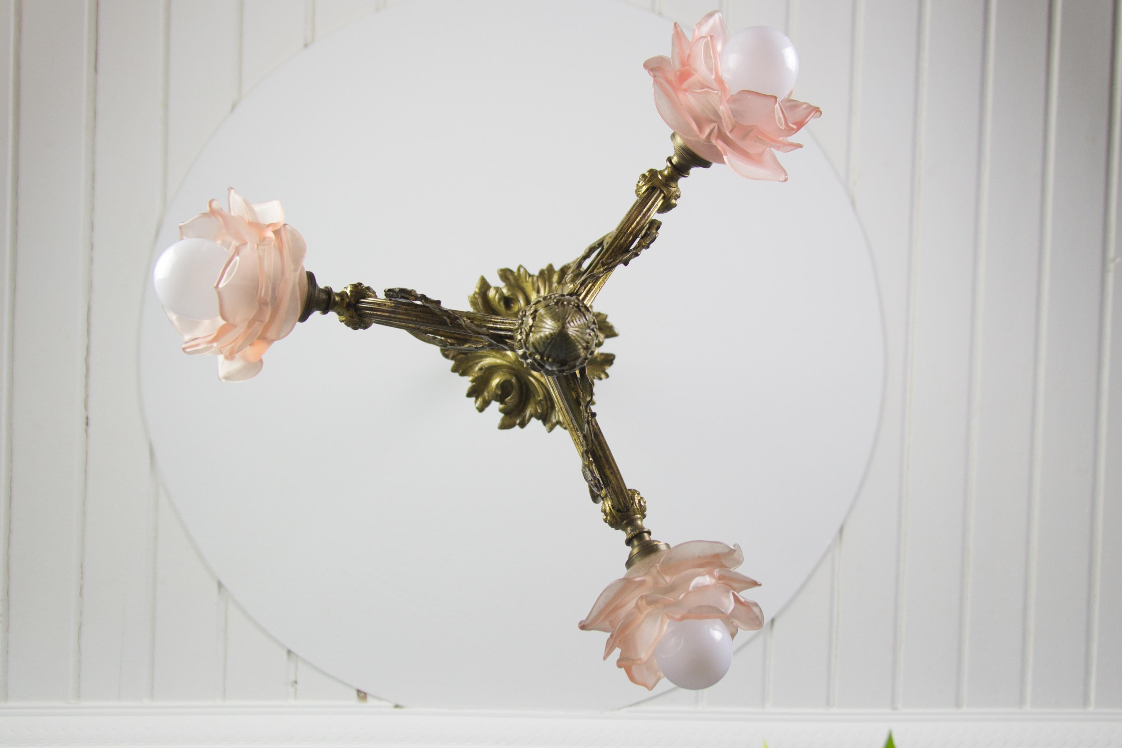 French Louis XVI Style Bronze and Pink Frosted Glass Three-Light Chandelier 4