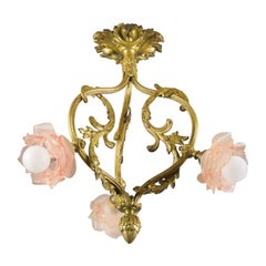 French Louis XVI Style Bronze and Pink Frosted Glass Three-Light Chandelier