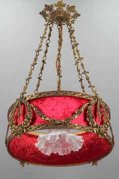 French Louis XVI Style Bronze and Red Fabric Shade Pendant Chandelier, 1920s