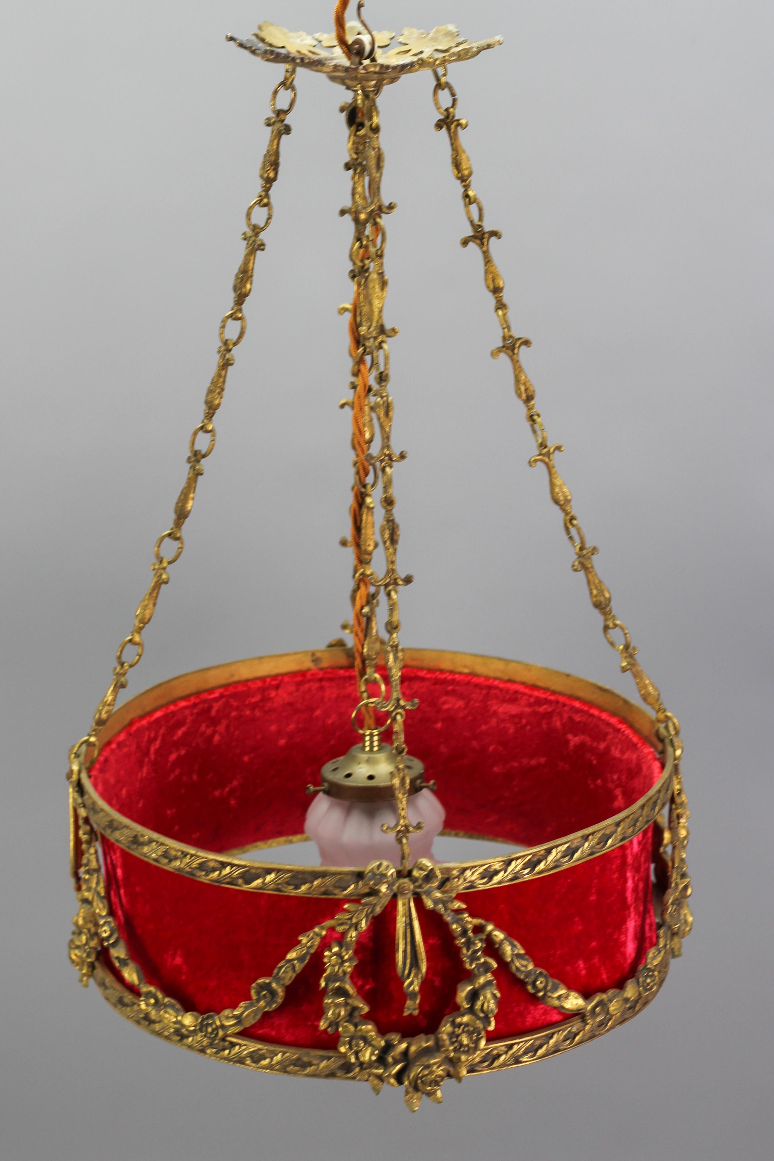 Glass French Louis XVI Style Bronze and Red Fabric Shade Pendant Chandelier, 1920s For Sale