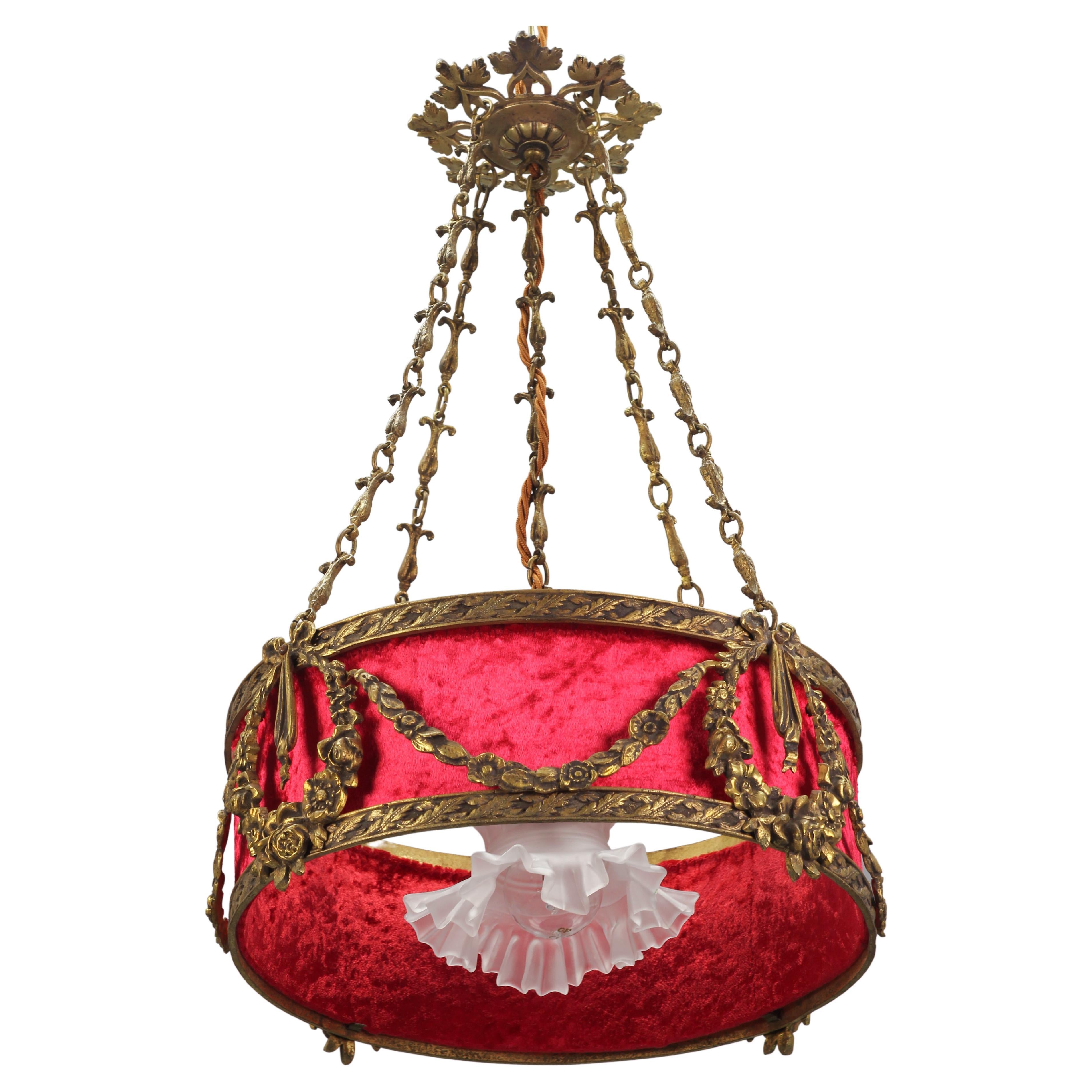 French Louis XVI Style Bronze and Red Fabric Shade Pendant Chandelier, 1920s