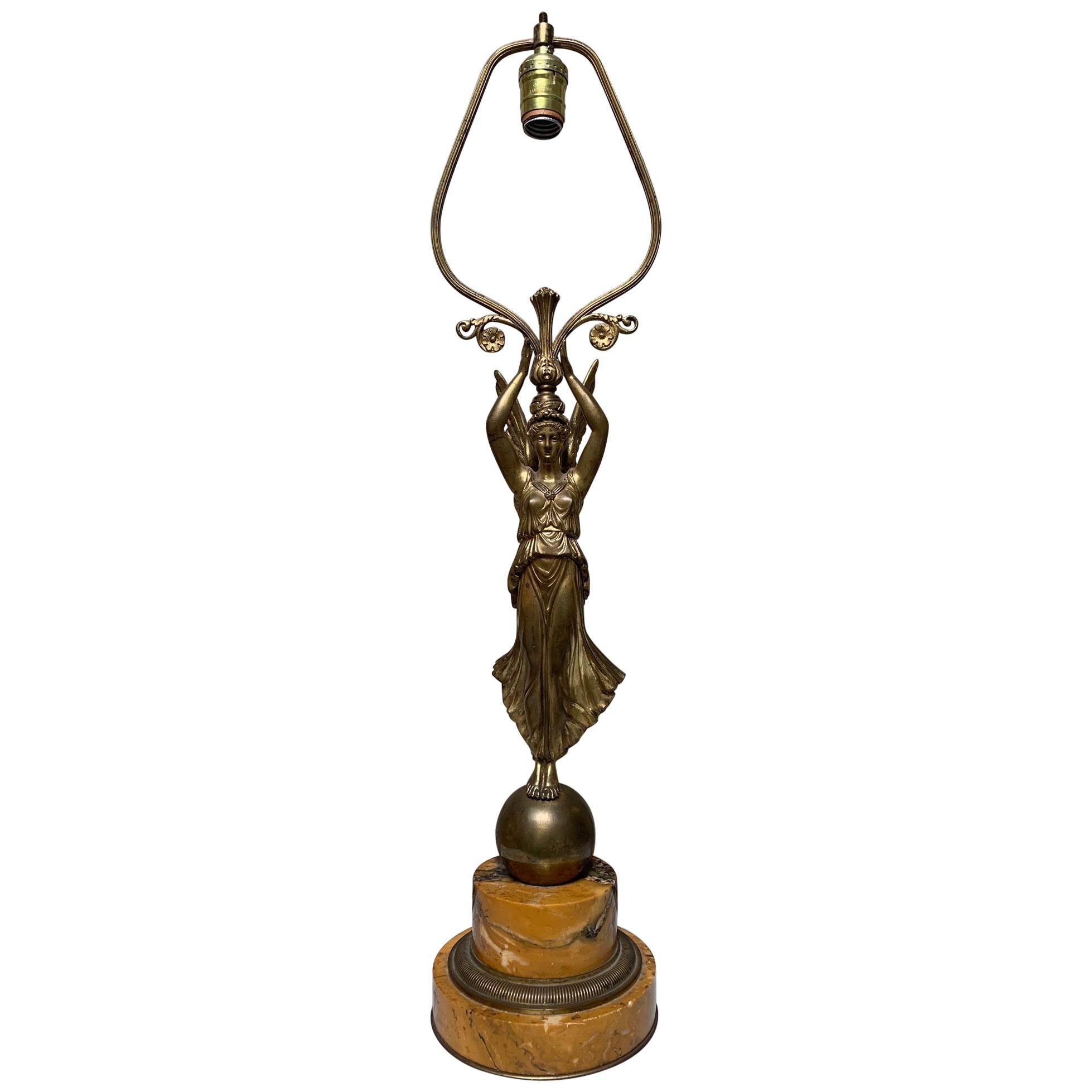 French Louis XVI Style Bronze and Sienna Marble Lamp of Winged Victory For Sale