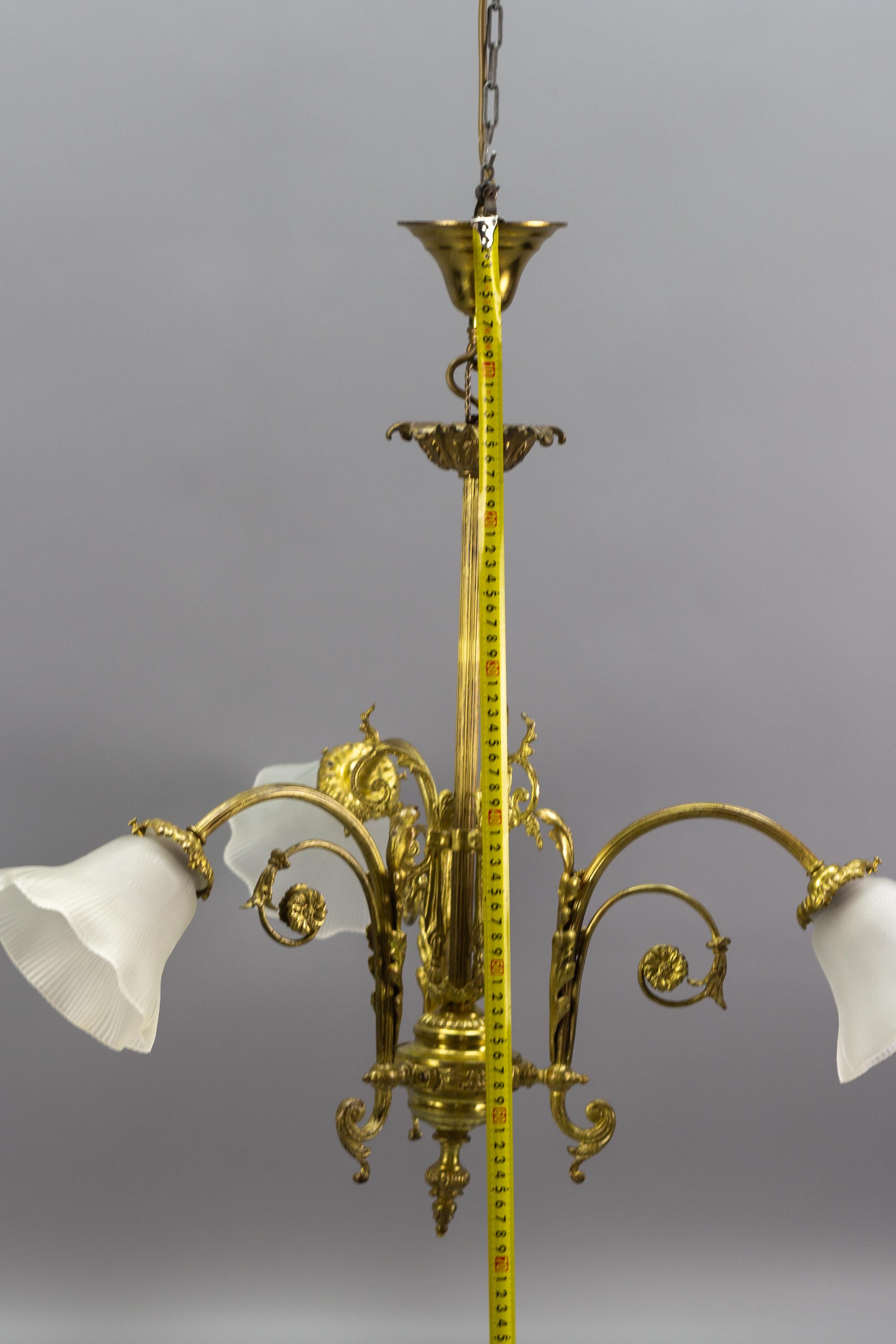 French Louis XVI Style Bronze and White Frosted Glass Three-Light Chandelier 14