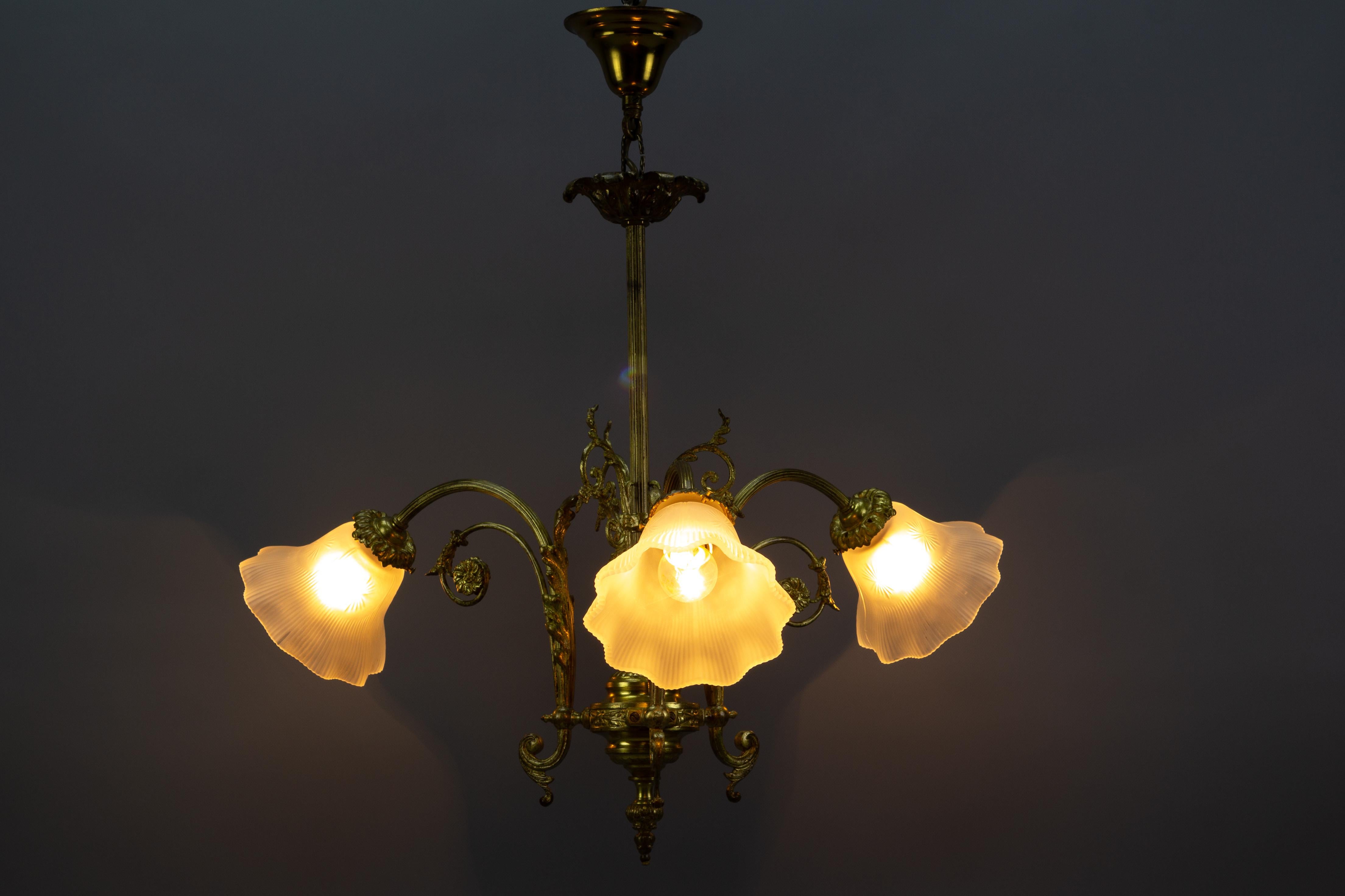 French Louis XVI Style Bronze and White Frosted Glass Three-Light Chandelier 1