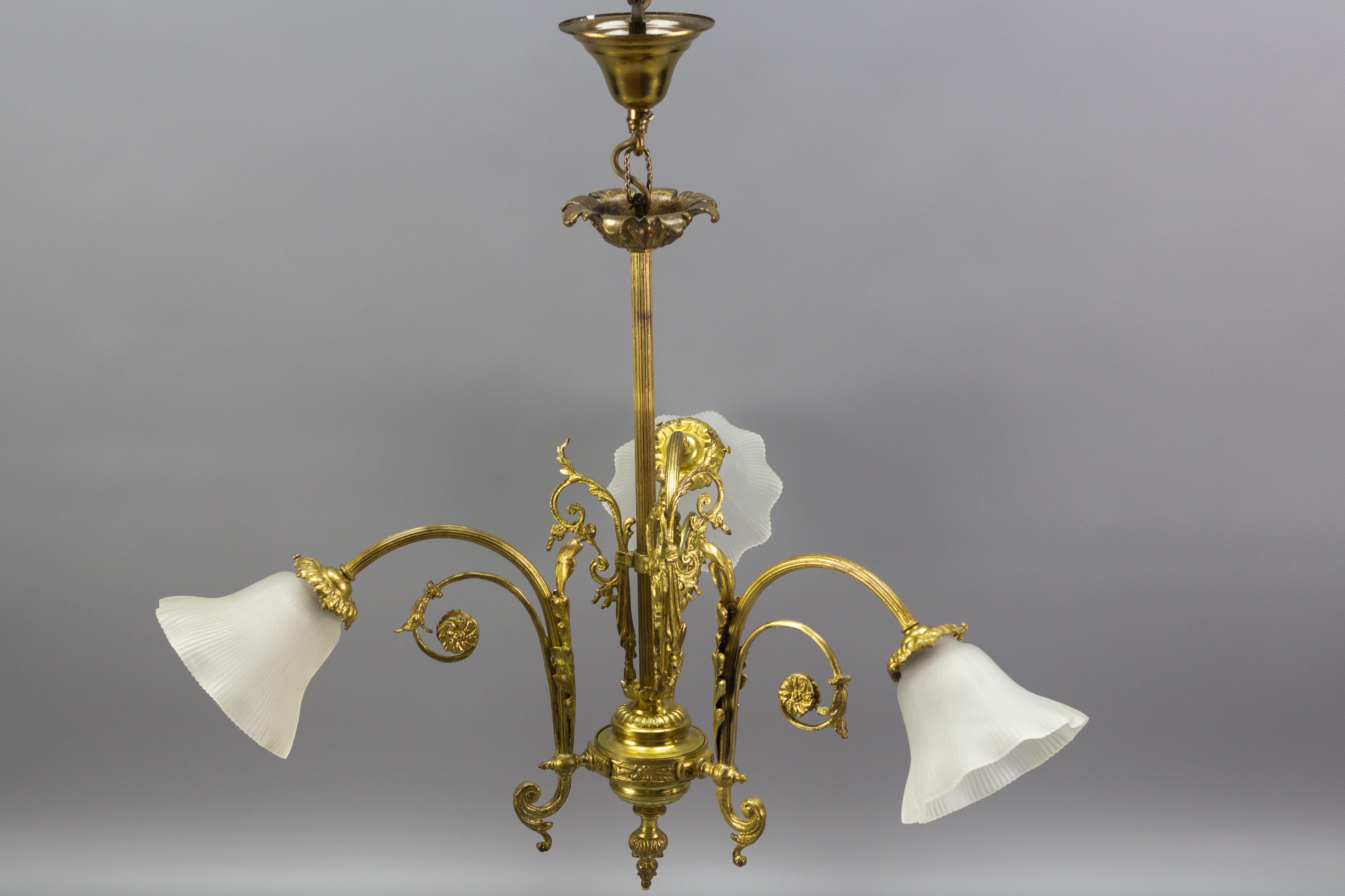 French Louis XVI Style Bronze and White Frosted Glass Three-Light Chandelier 2