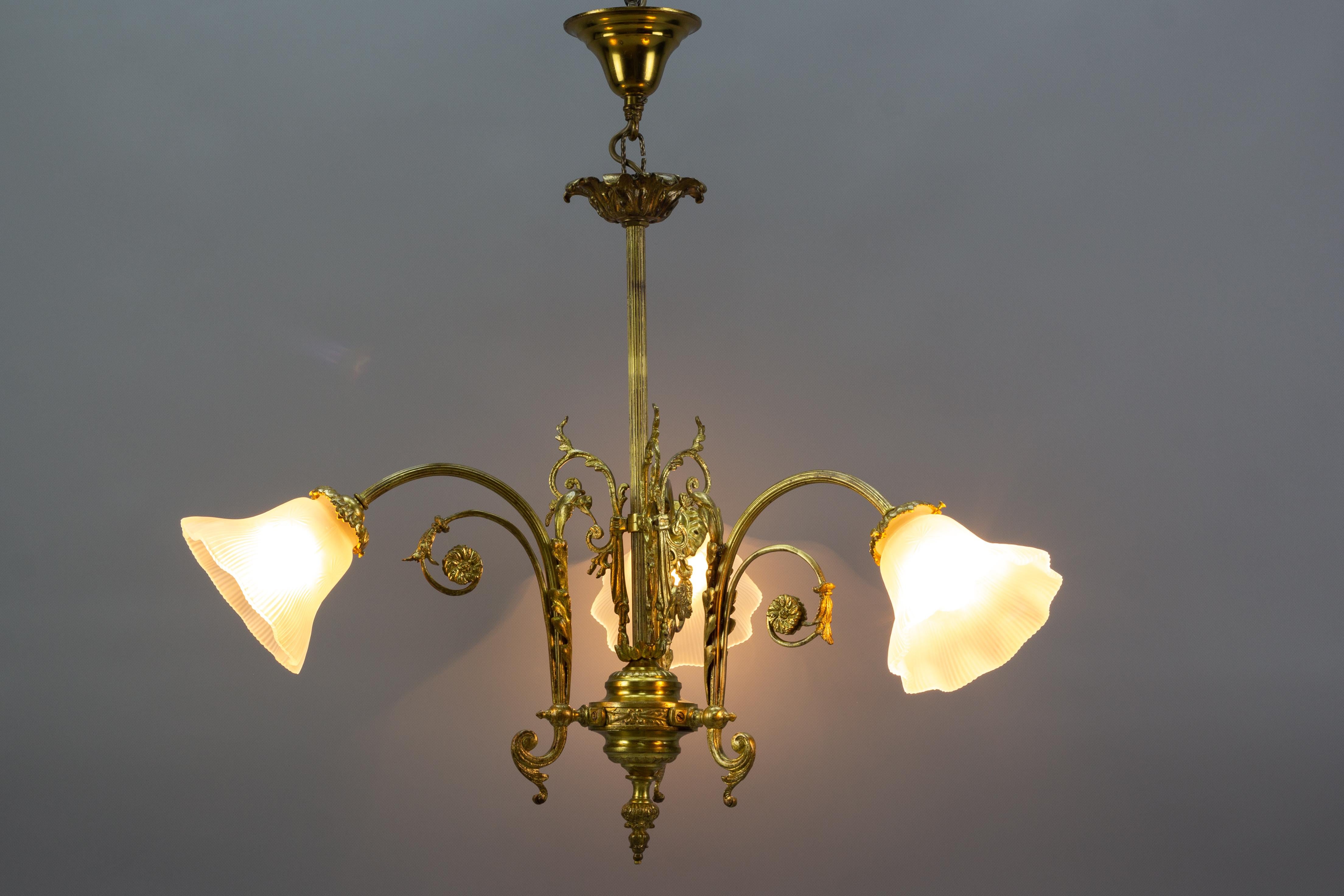 French Louis XVI Style Bronze and White Frosted Glass Three-Light Chandelier 3