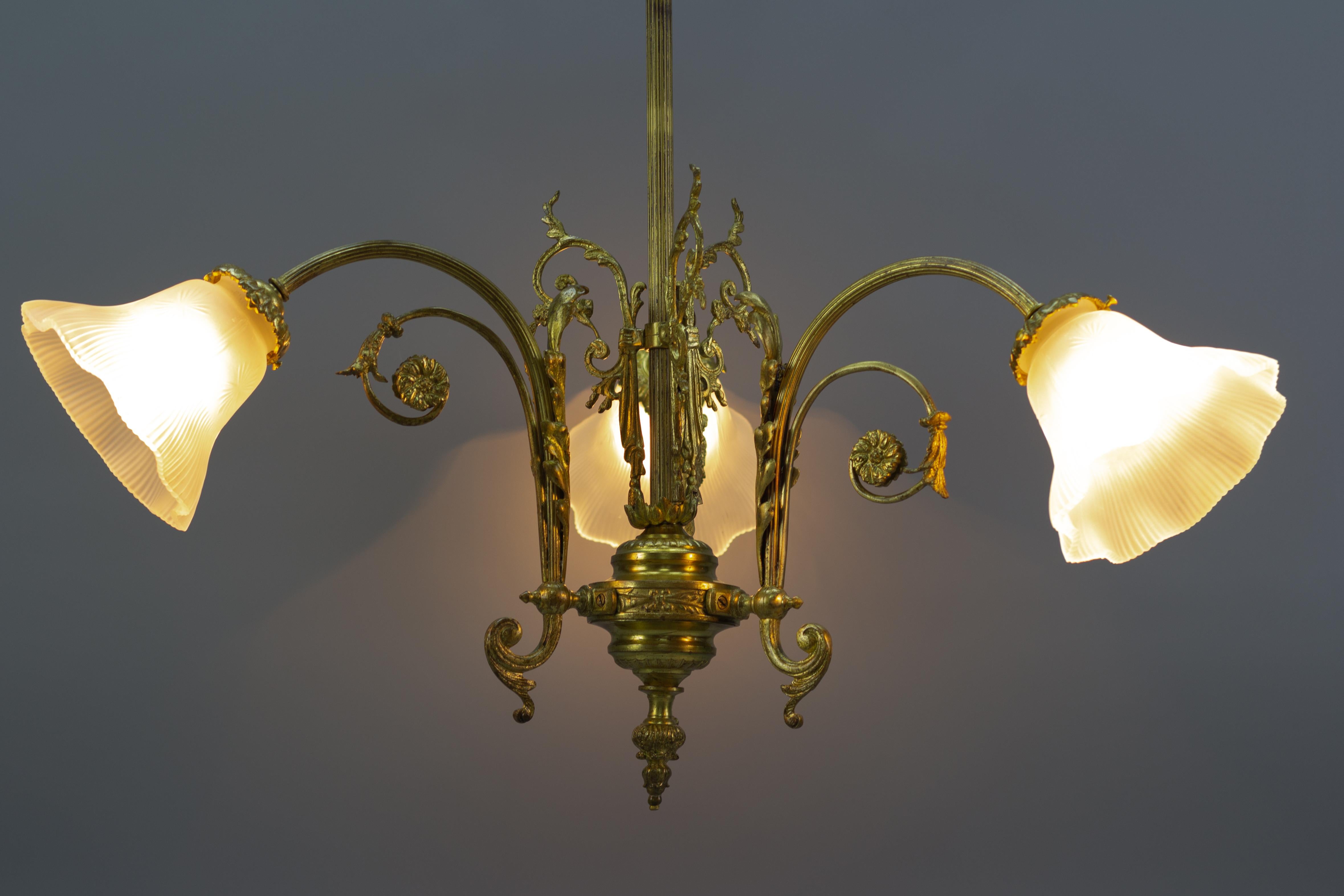 French Louis XVI Style Bronze and White Frosted Glass Three-Light Chandelier 4