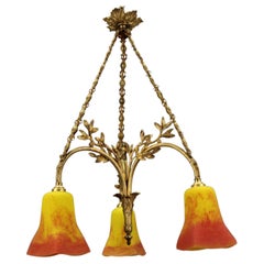 French Louis XVI Style Bronze and Yellow Glass Three-Light Chandelier, ca 1910