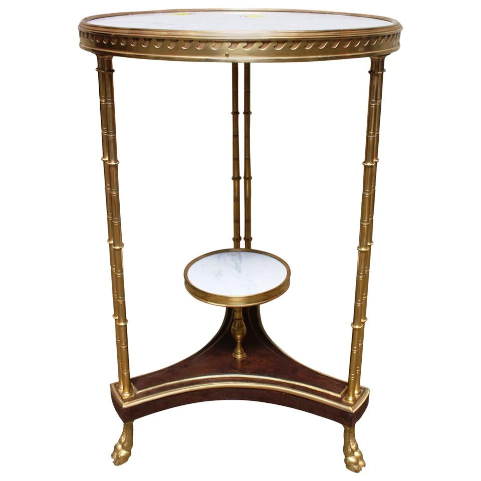 French Louis XVI Style Bronze, Burled Walnut Side Table with a White Marble Top
