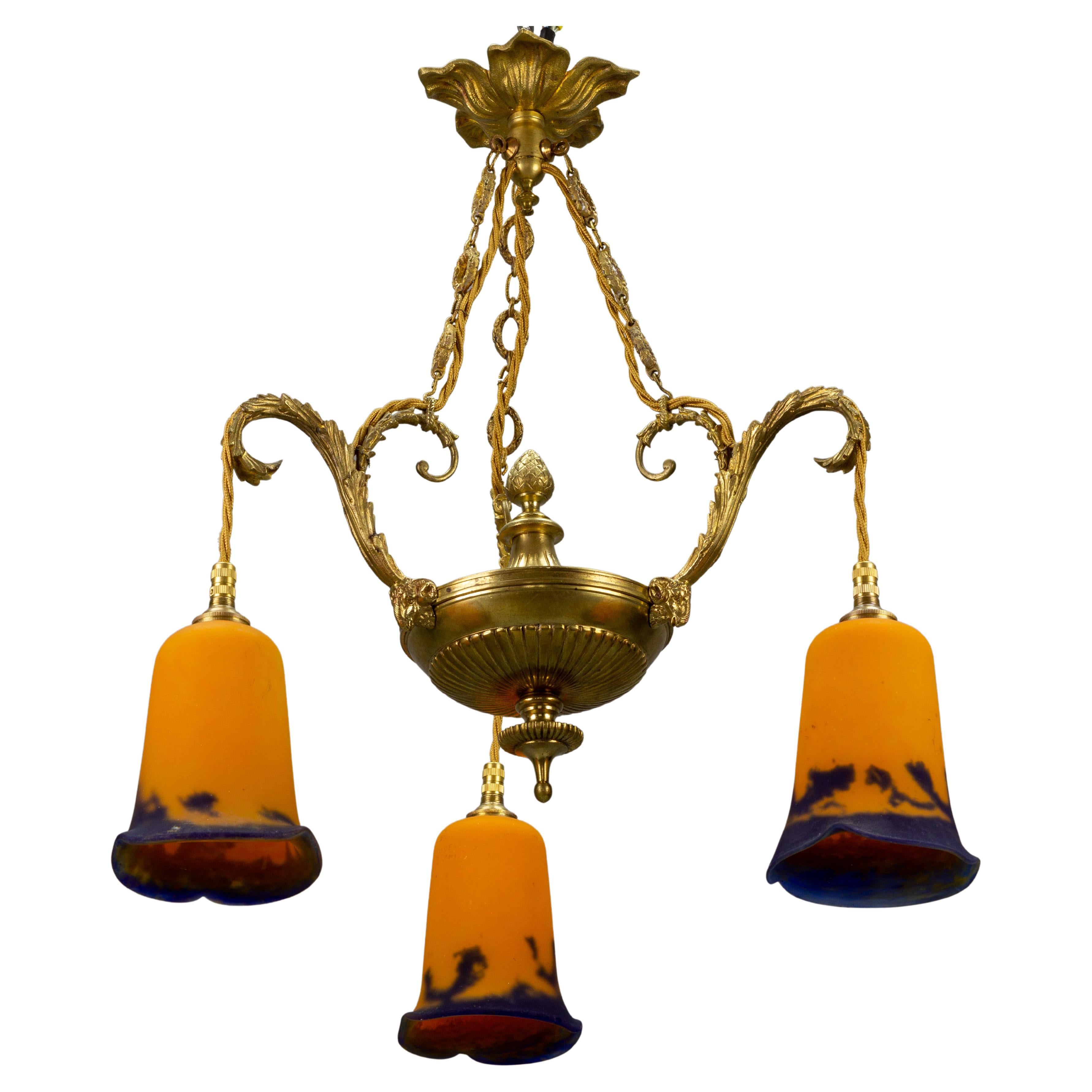 French Louis XVI Style Bronze Chandelier with Pate De Verre Glass by Noverdy For Sale