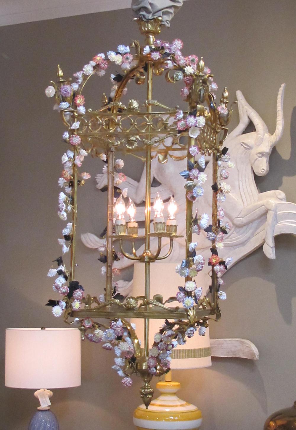 Gilt French Louis XVI Style Bronze Doré 4-Light Lantern with Porcelain Flowers For Sale