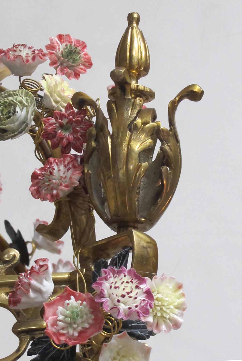 French Louis XVI Style Bronze Doré 4-Light Lantern with Porcelain Flowers For Sale 1