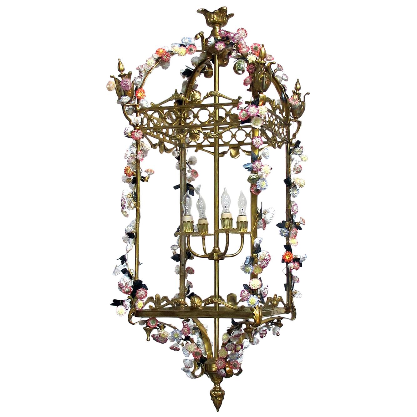 French Louis XVI Style Bronze Doré 4-Light Lantern with Porcelain Flowers