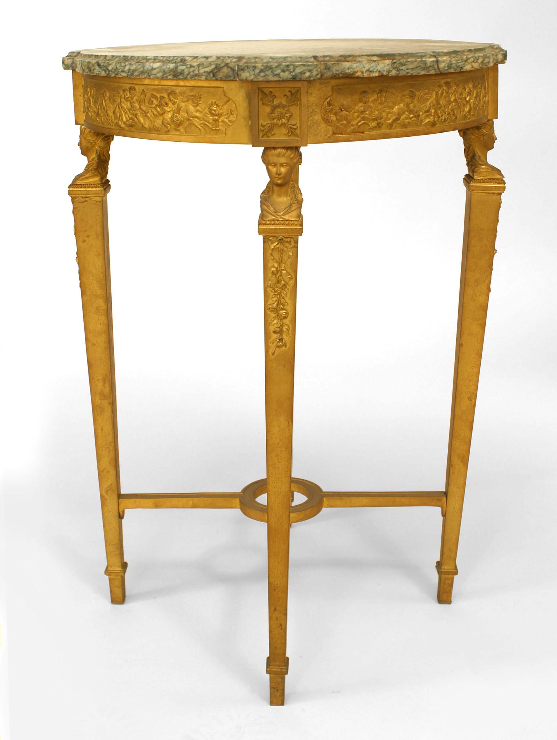 French Louis XVI-style (19th Century) bronze dore 4 legged end table with female heads, stretcher, and green marble top.

