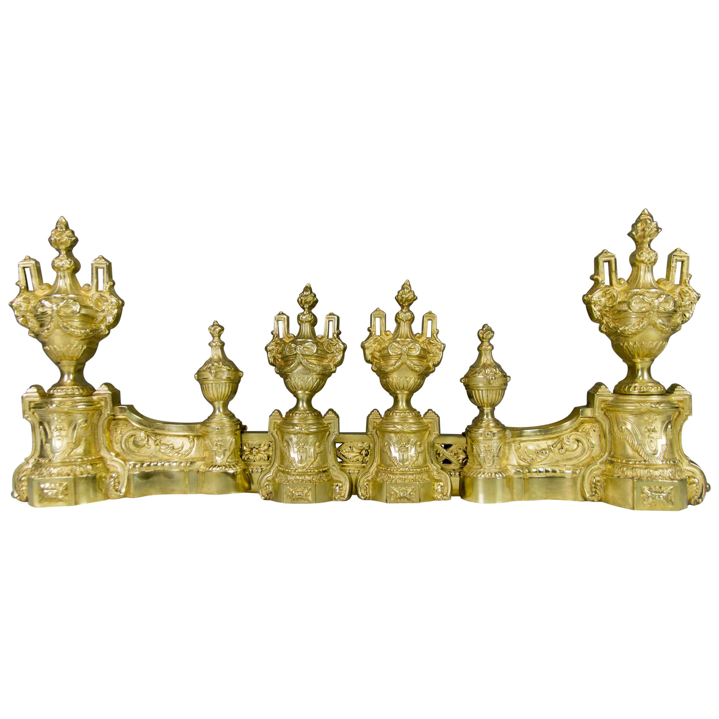 French Louis XVI Style Bronze Fireplace Set by Charles Casier, Late 19th Century