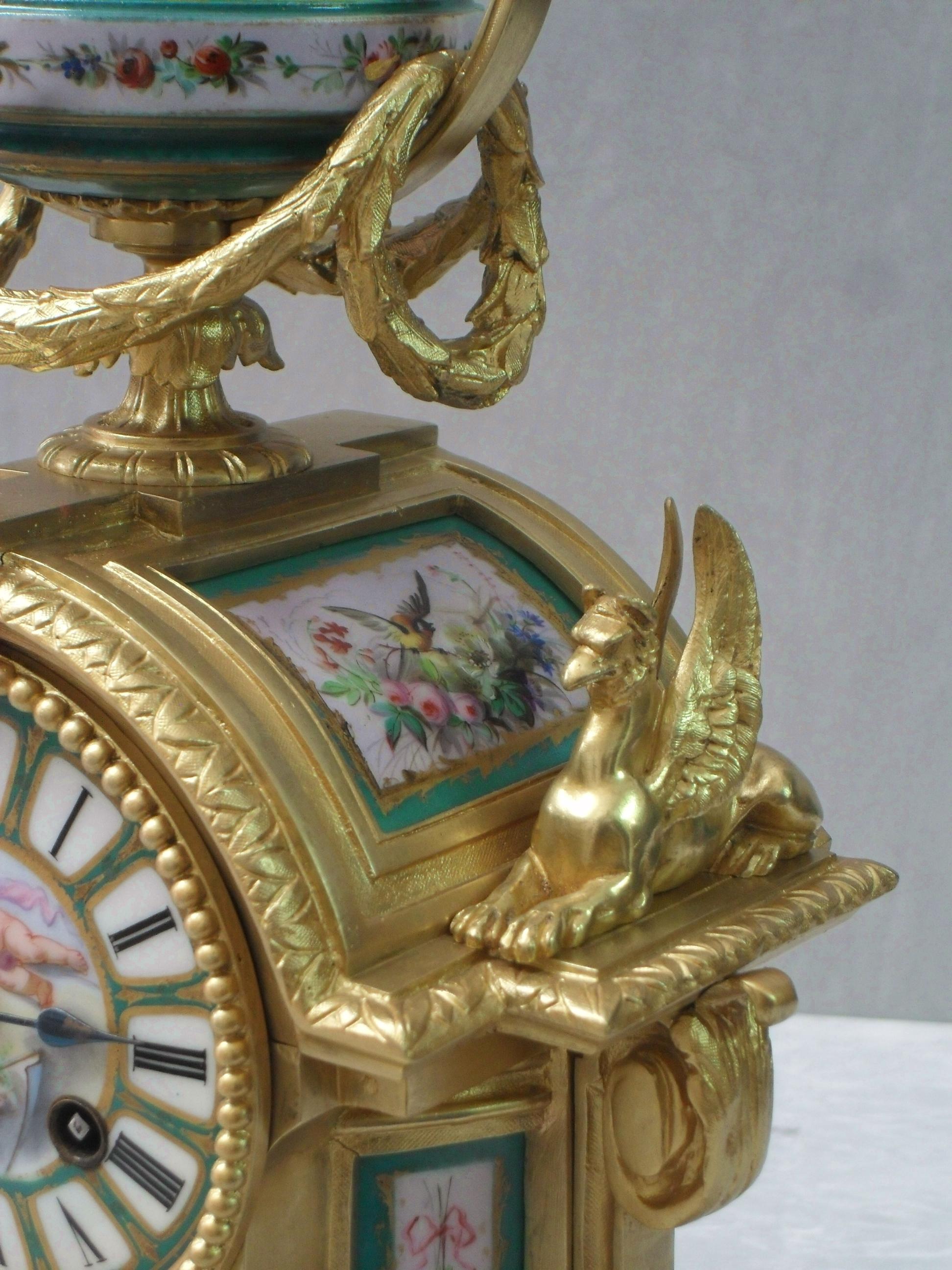 19th Century French Louis XVI Style Bronze Gilt and Porcelain Mantel Clock