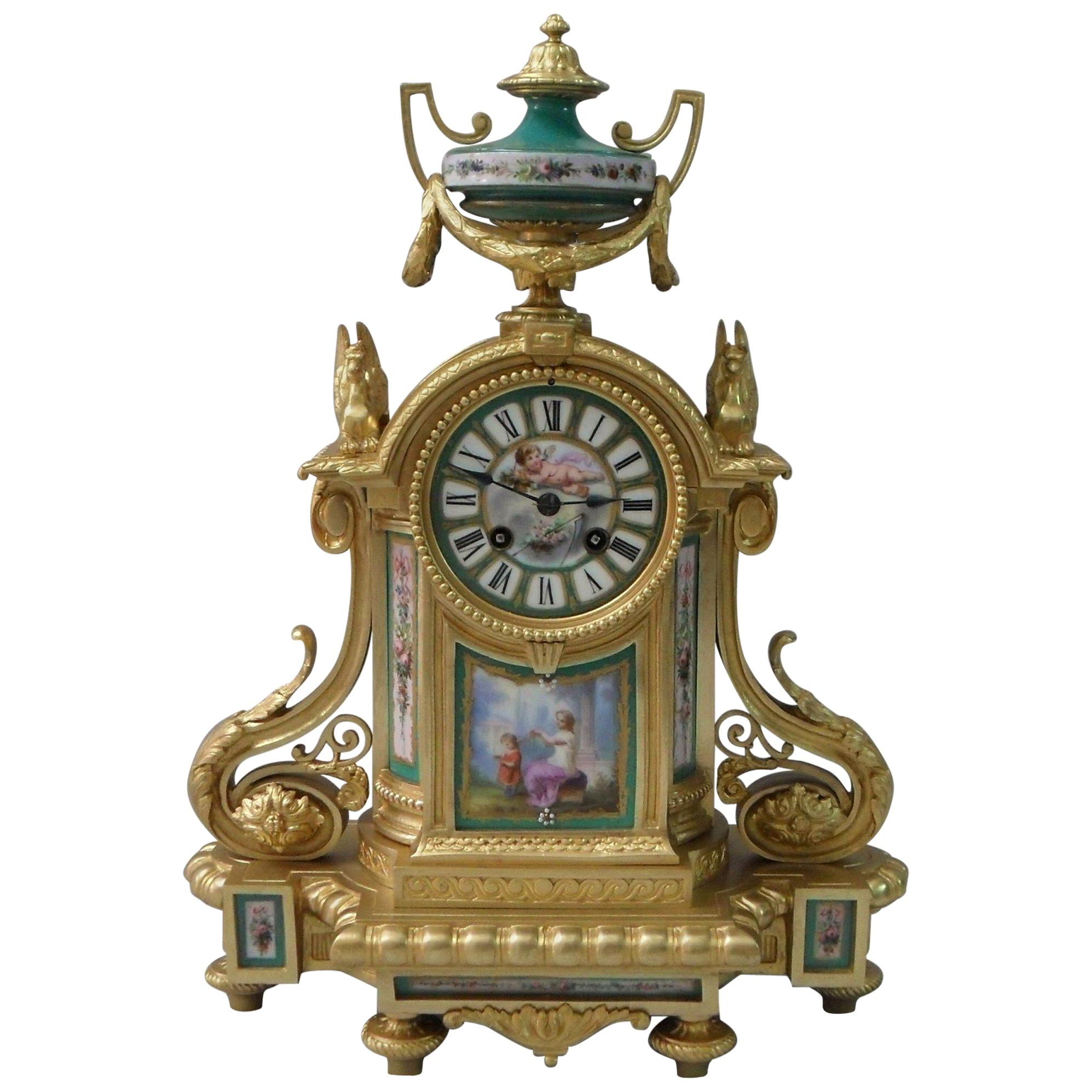 French Louis XVI Style Bronze Gilt and Porcelain Mantel Clock