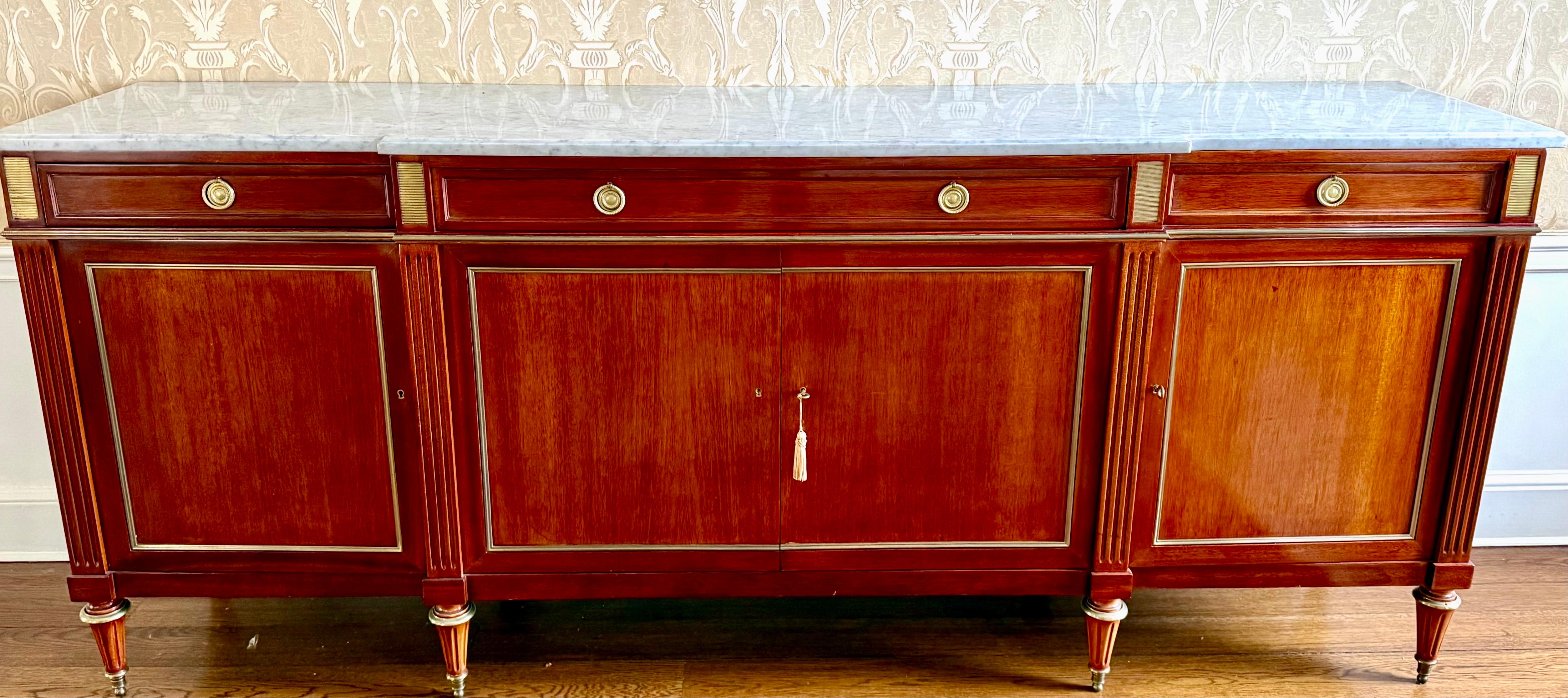 French Louis XVI Style Bronze Mounted Marble Top Mahogany Sideboard Credenza 7