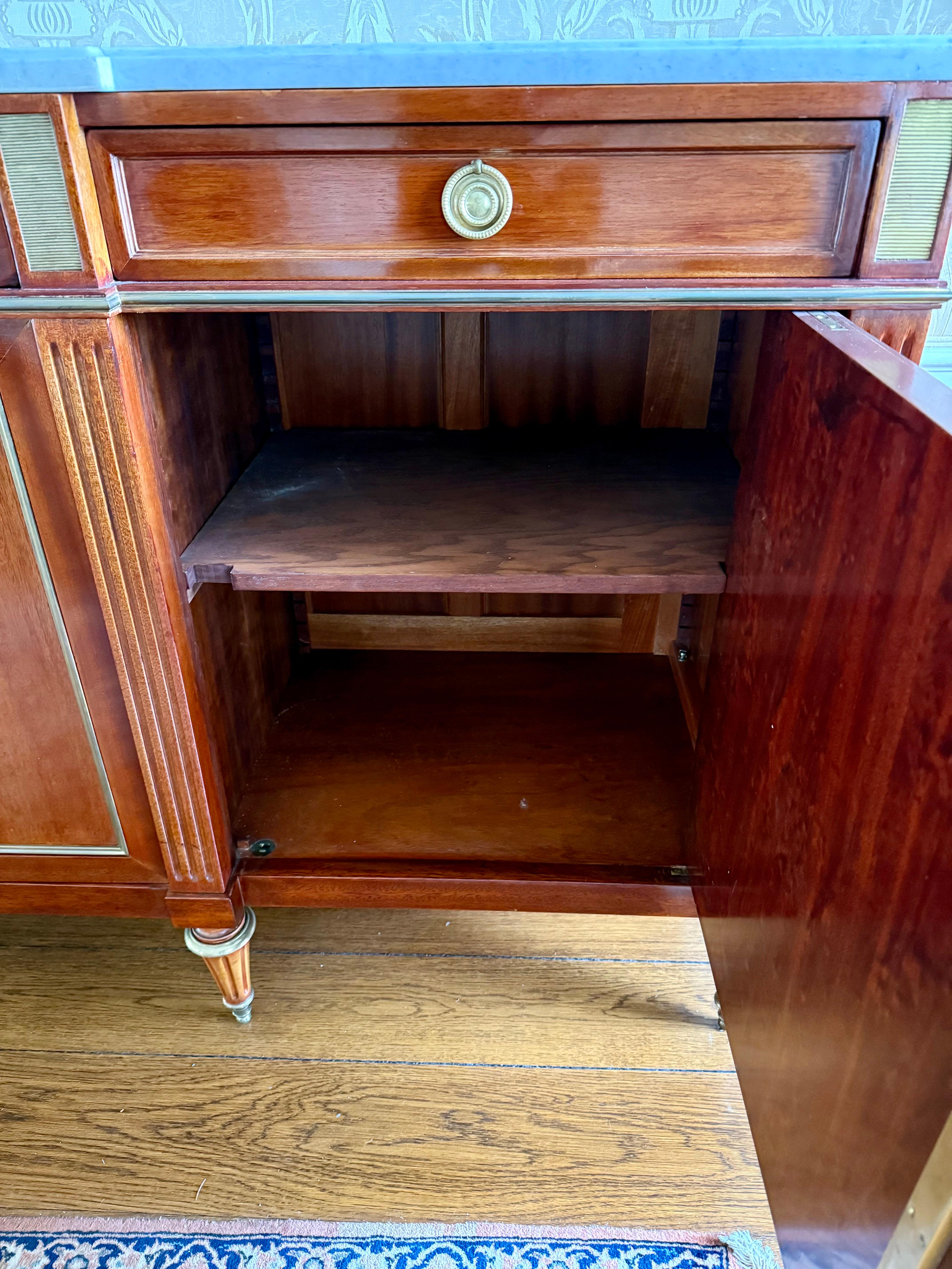 20th Century French Louis XVI Style Bronze Mounted Marble Top Mahogany Sideboard Credenza
