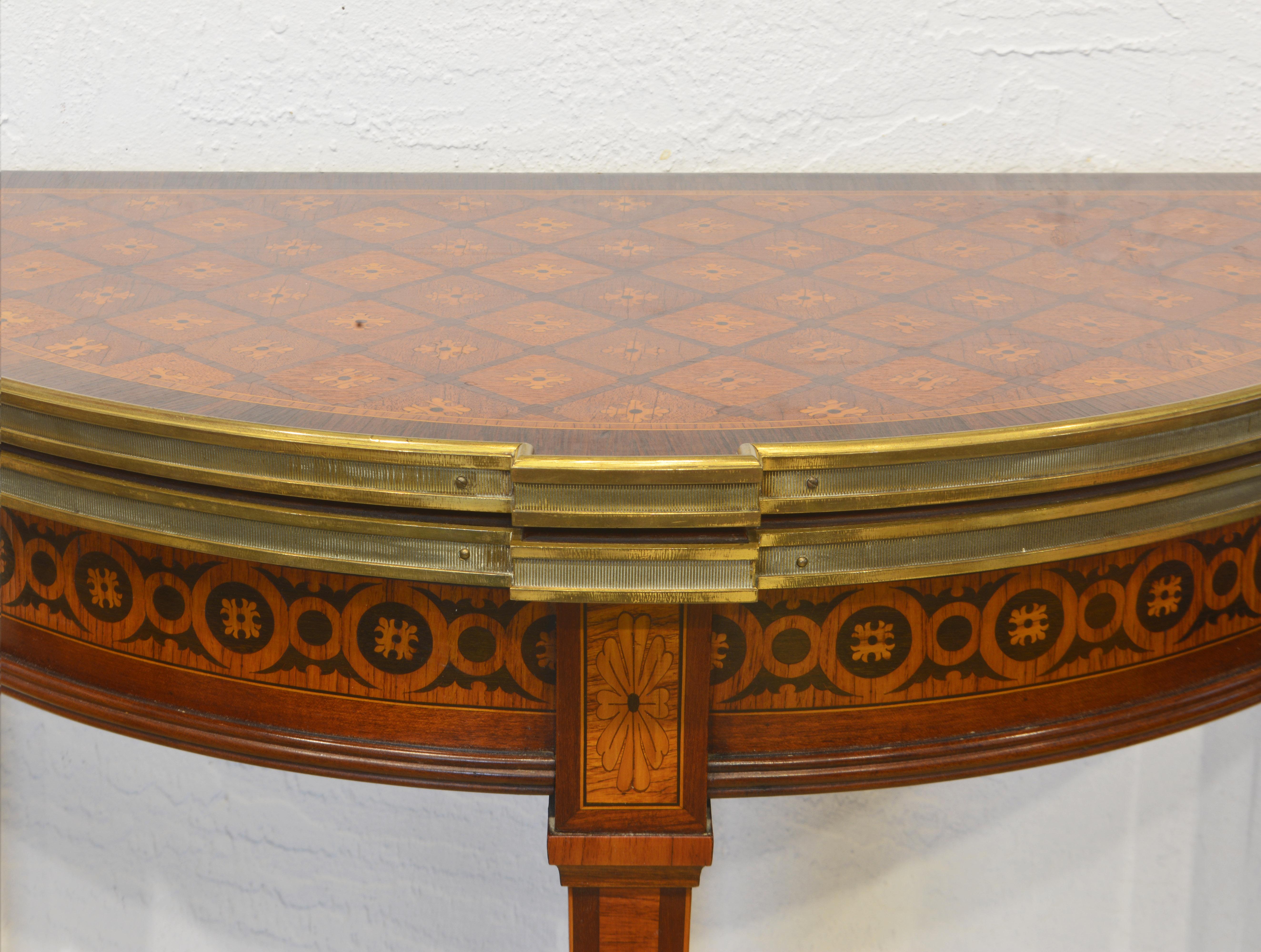 French Louis XVI Style Bronze Mounted Marquetry Dem Lune Game Table 6