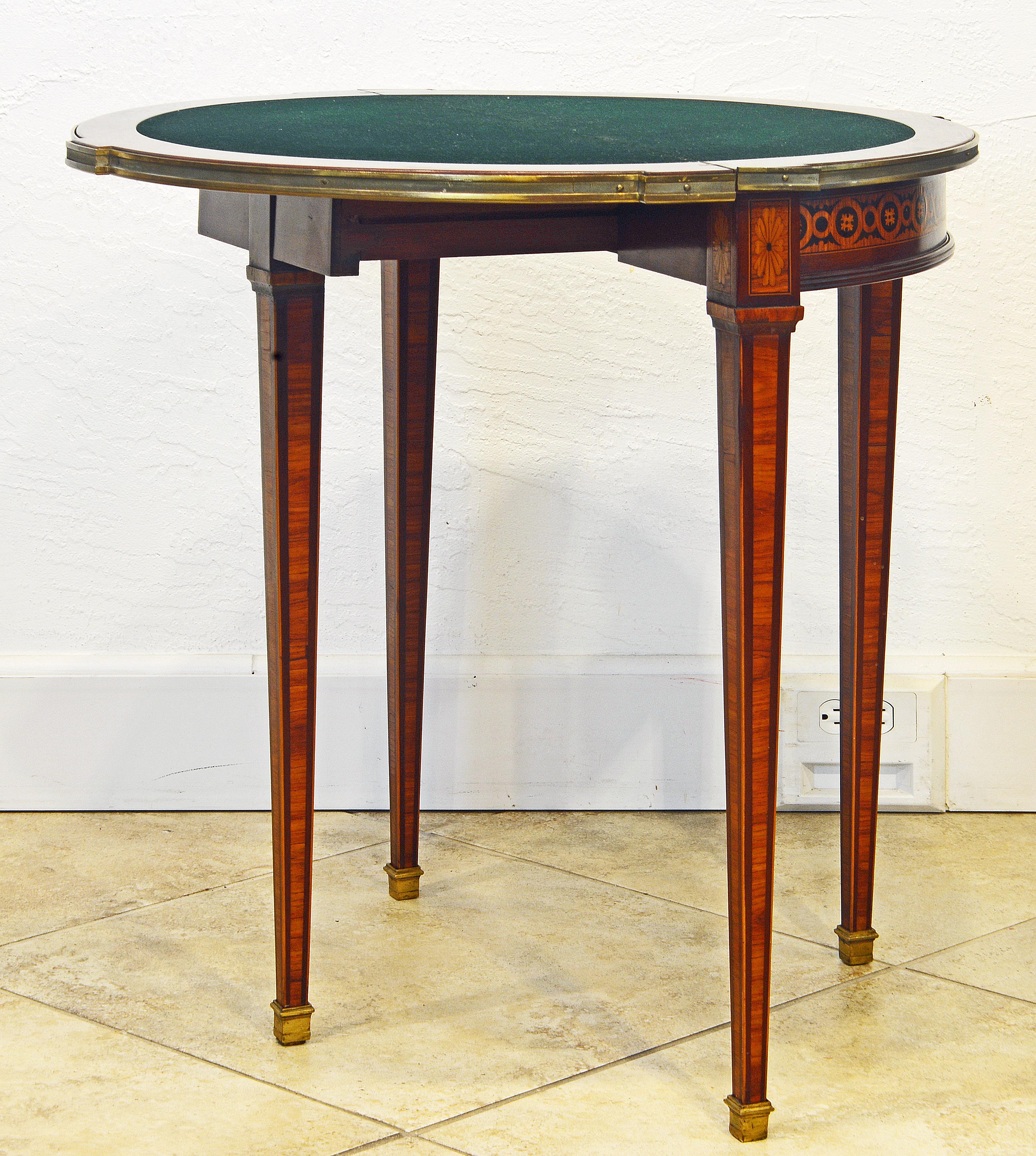 French Louis XVI Style Bronze Mounted Marquetry Dem Lune Game Table 2