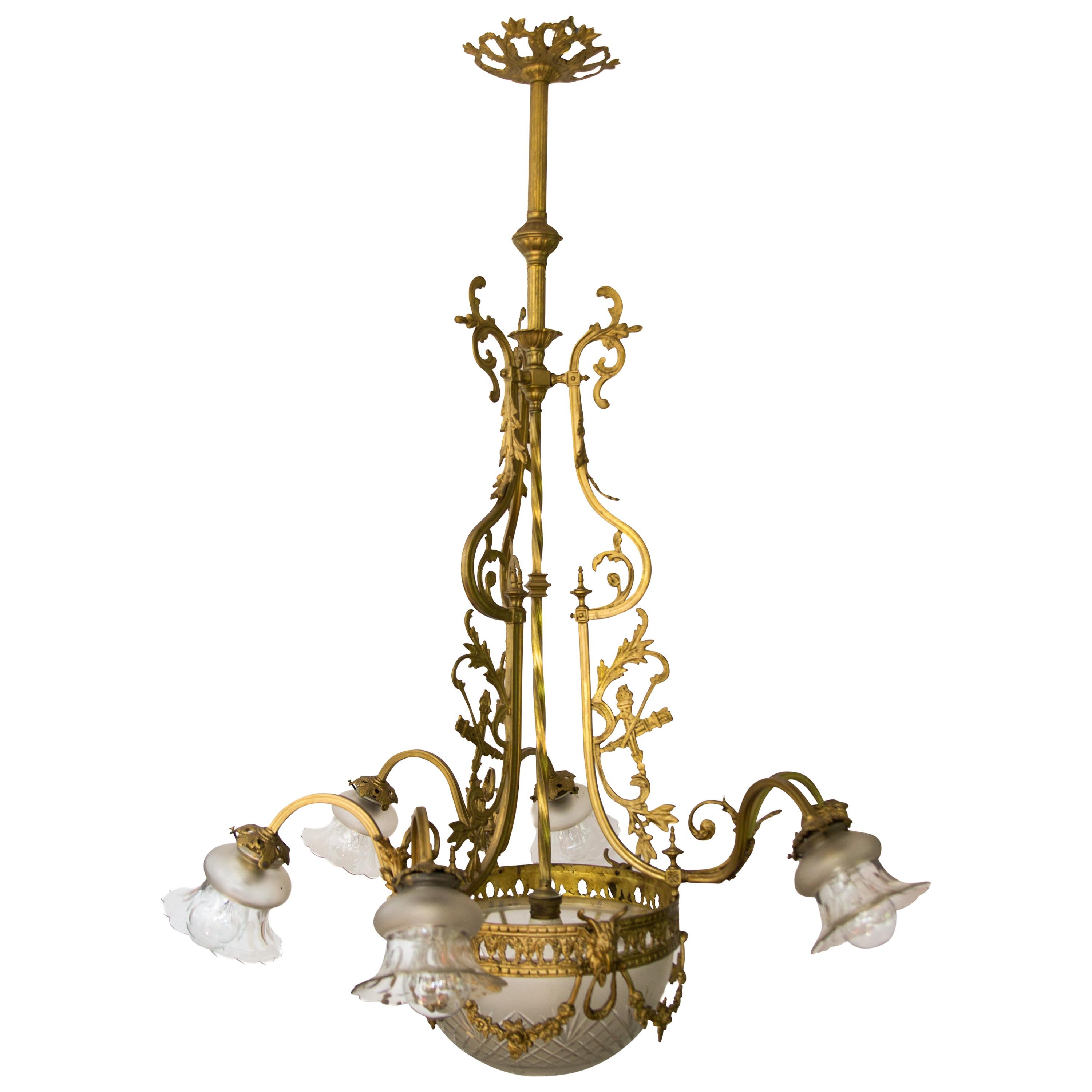 French Louis XVI Style Bronze and Glass Seven-Light Chandelier, 1920s