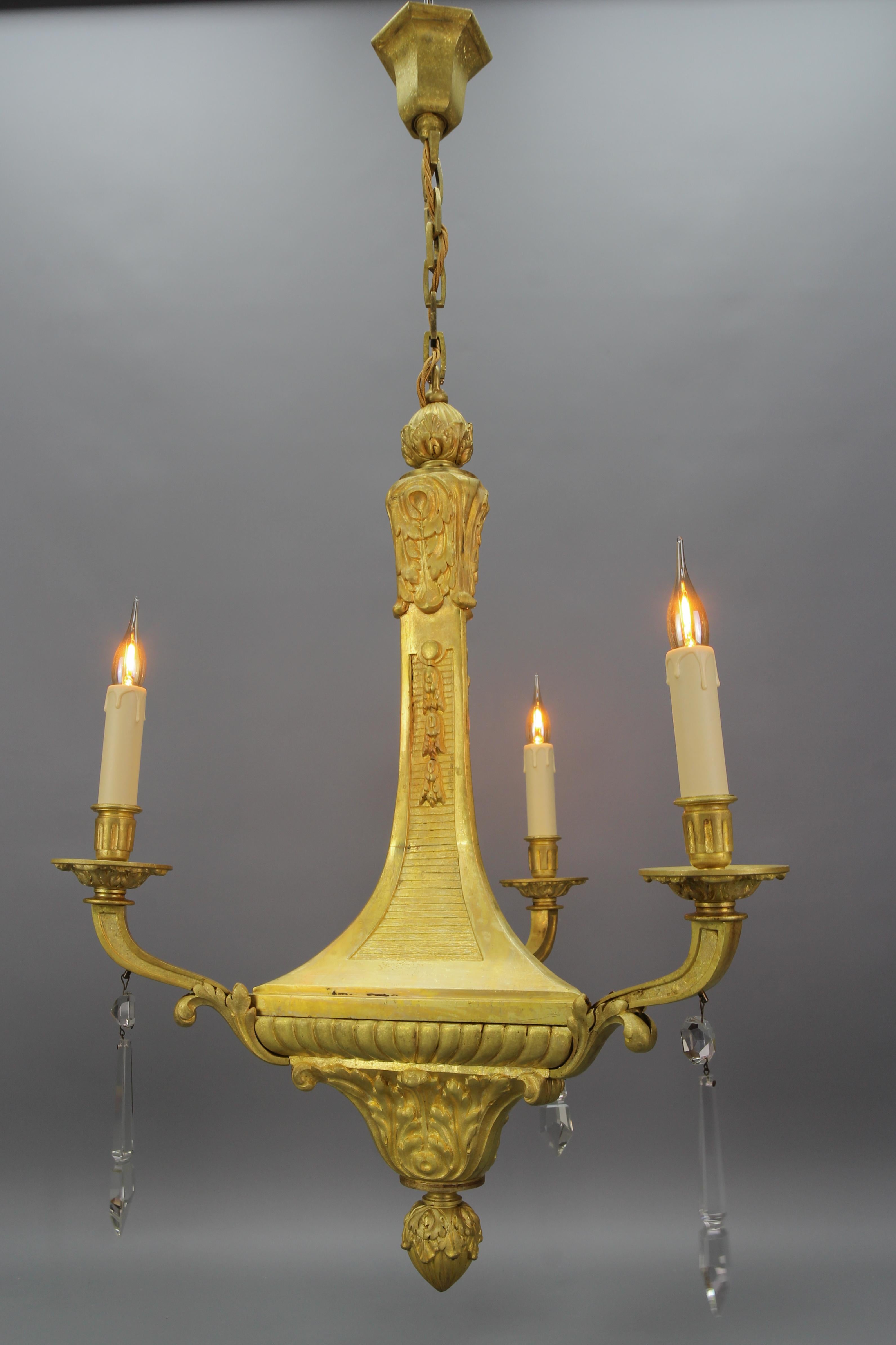 Crystal French Louis XVI Style Bronze Three-Light Chandelier, Early 20th Century For Sale