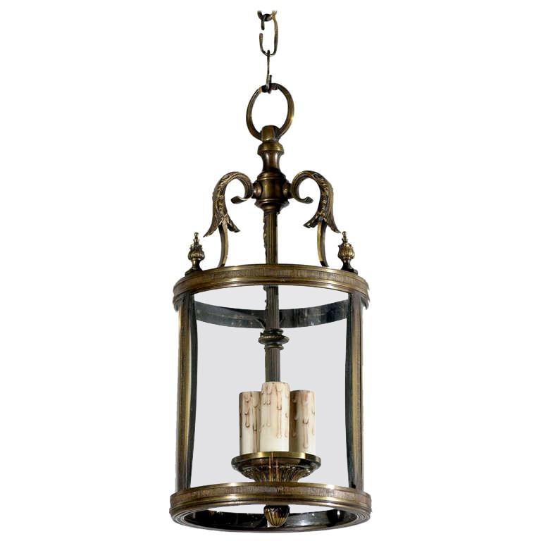French Louis XVI Style Bronze Three-Light Lantern with Glass Panels and Finials