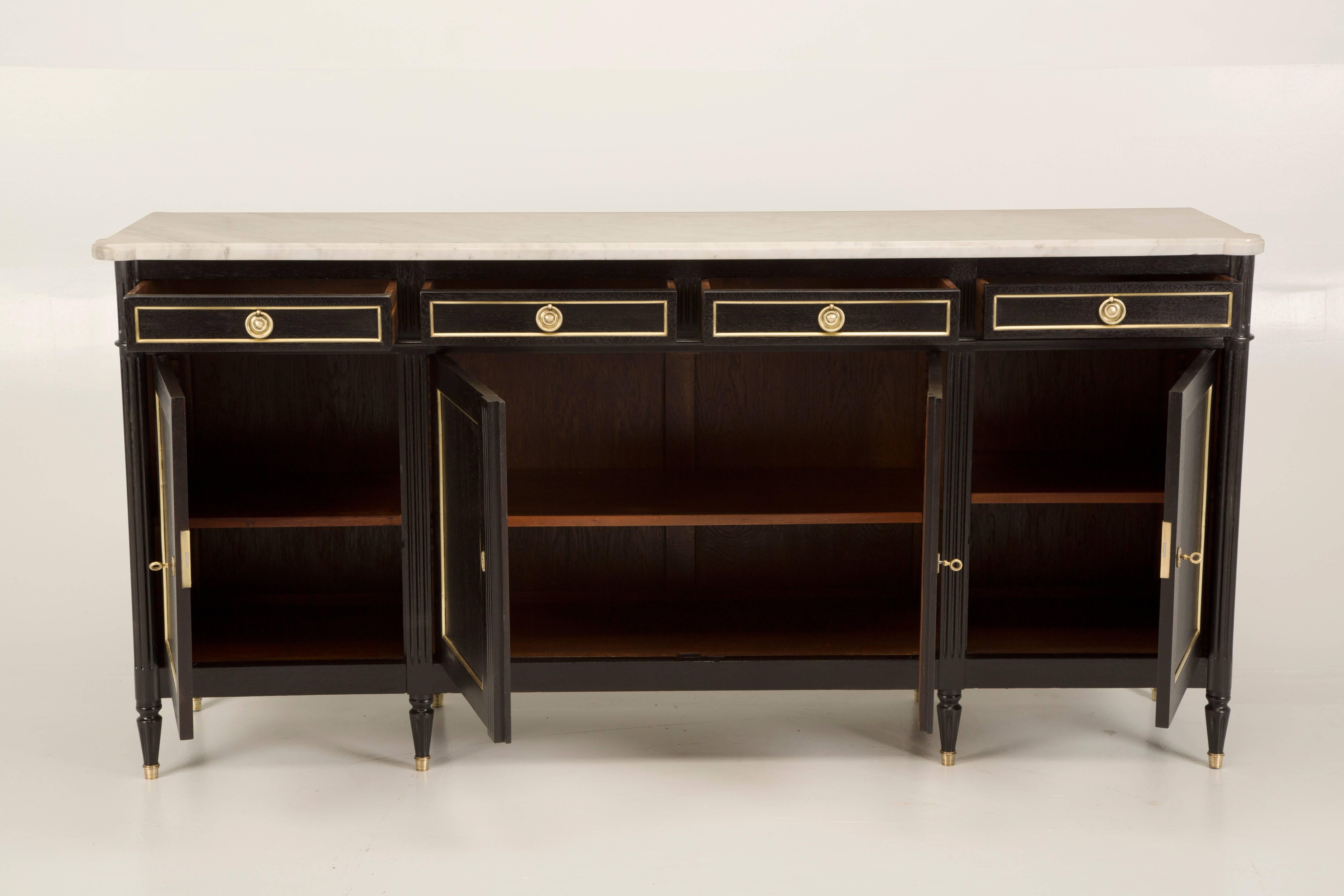 Mahogany French Louis XVI Style Buffet in an Ebonized Finish with a White Marble Top