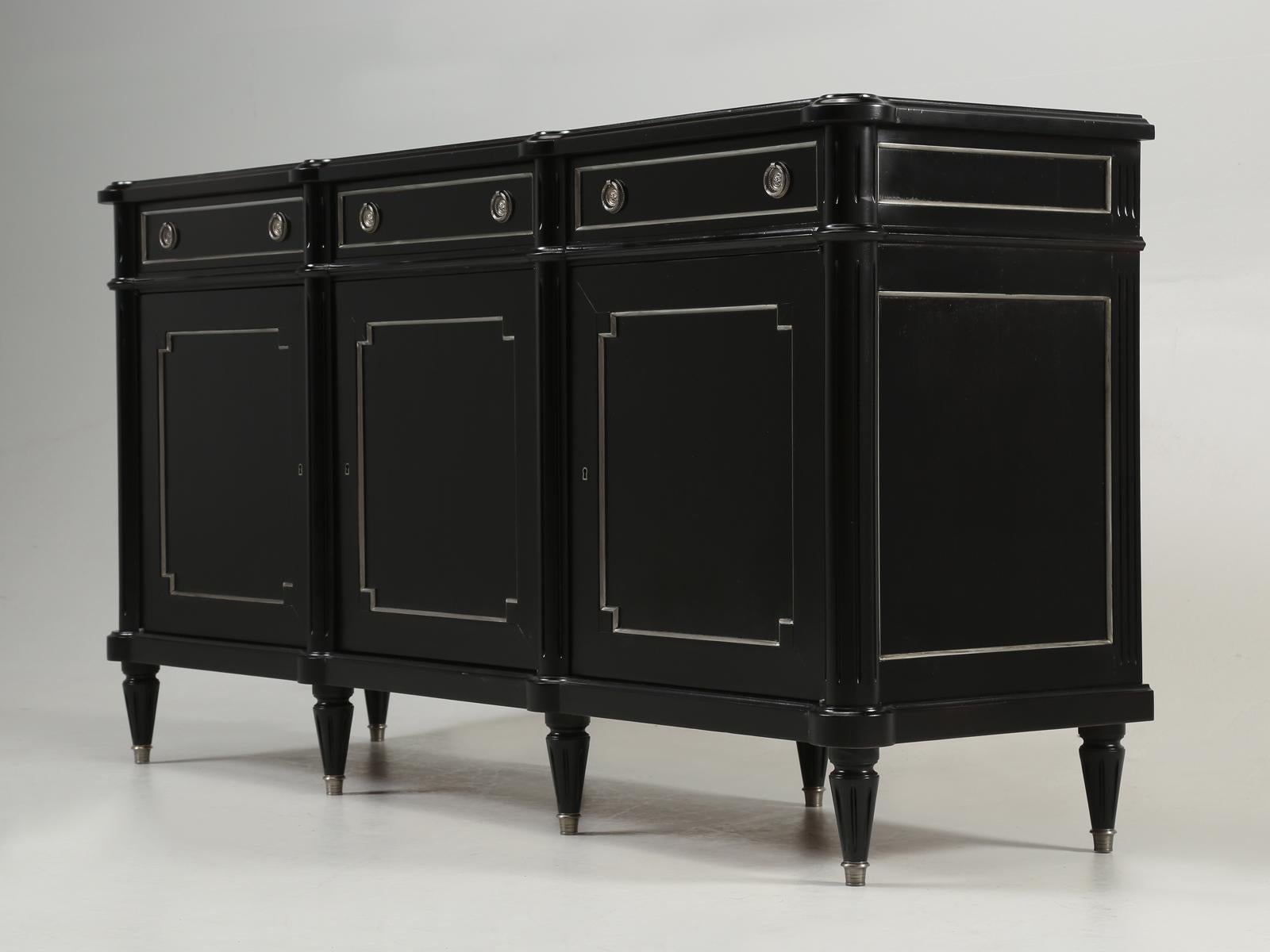 French ebonized mahogany Louis XVI style Buffet, imported from France and restored in the style of Maison Jansen. We have been importing French antiques from for over 30-years and I believe this is the first Louis XVI style buffet, that we have ever