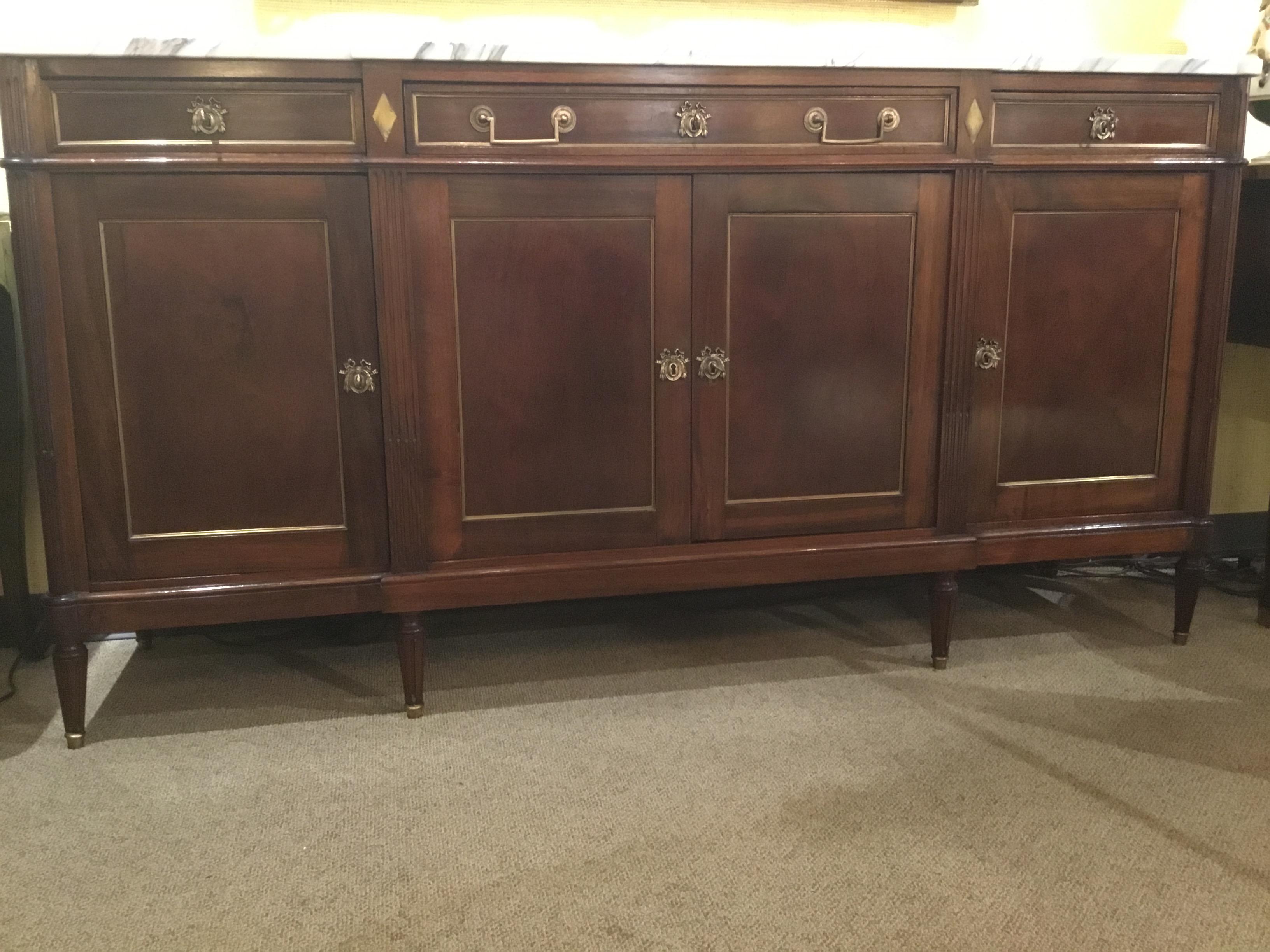 French Louis XVI Style Buffet/Sideboard, Mahogany, White Marble Top, Gilt Trim 4