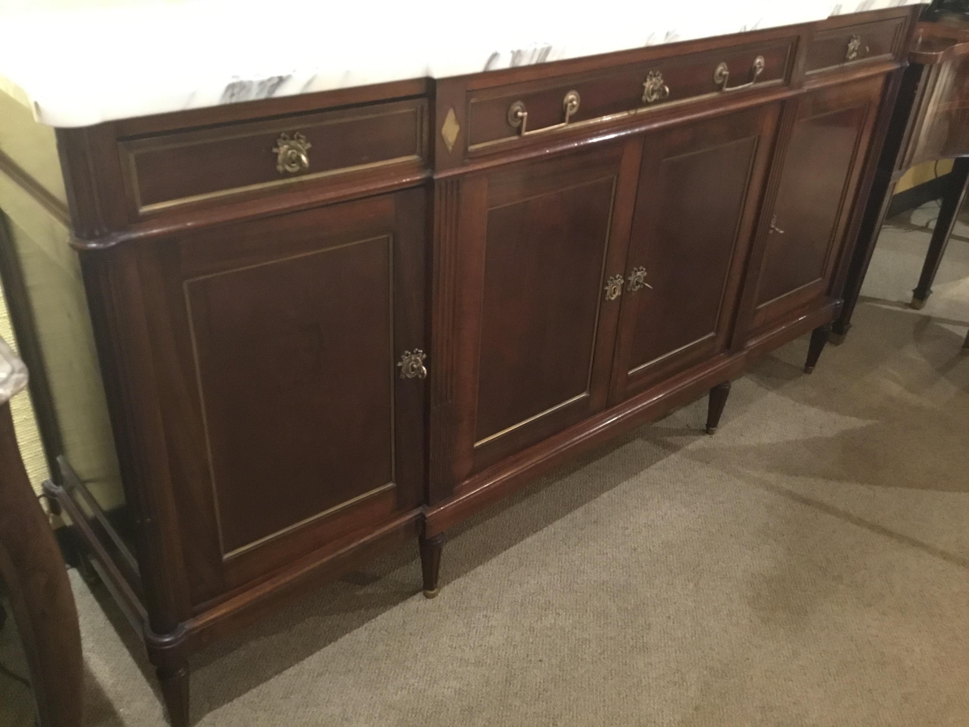 French Louis XVI Style Buffet/Sideboard, Mahogany, White Marble Top, Gilt Trim 6