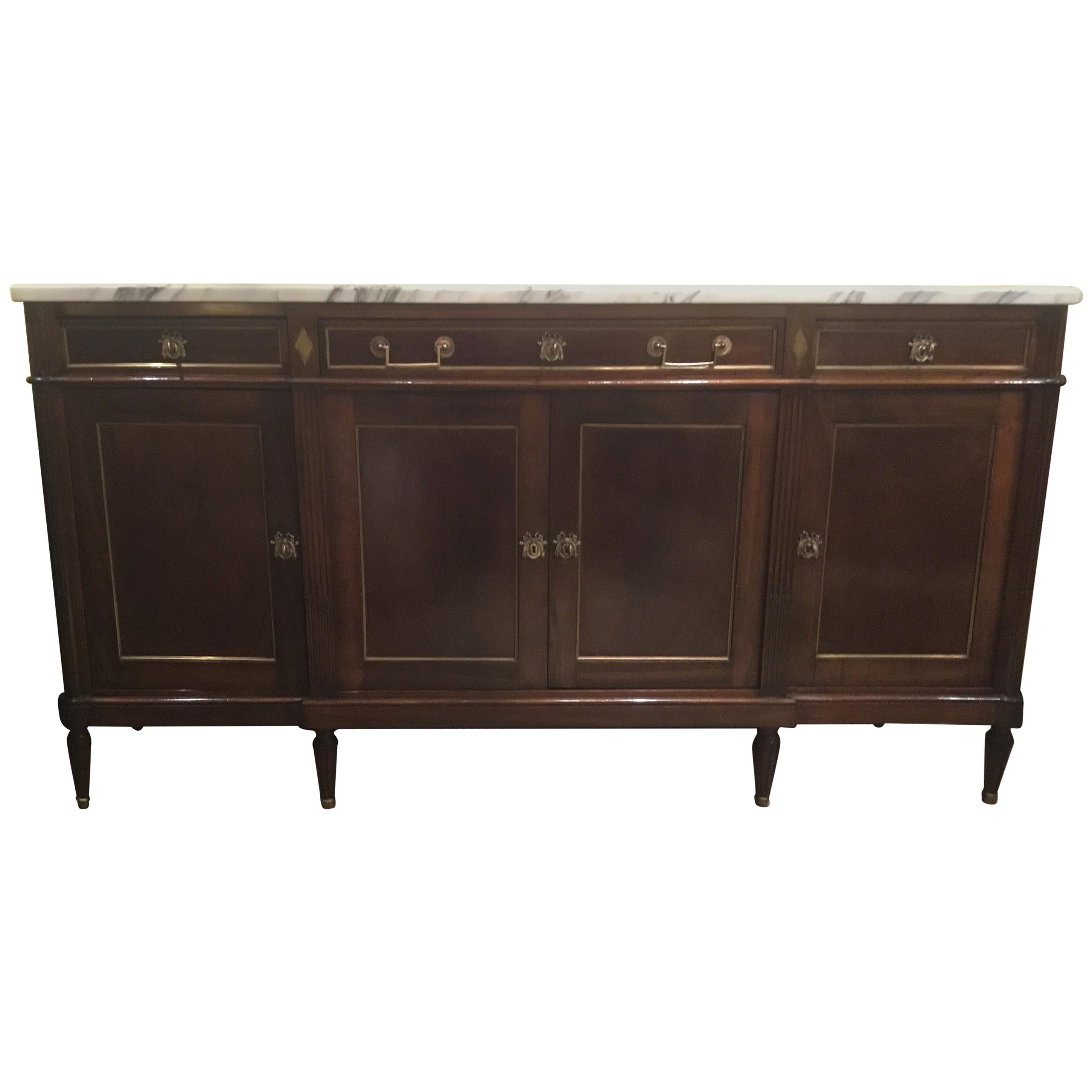 French Louis XVI Style Buffet/Sideboard, Mahogany, White Marble Top, Gilt Trim
