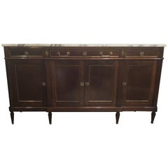 French Louis XVI Style Buffet/Sideboard, Mahogany, White Marble Top, Gilt Trim