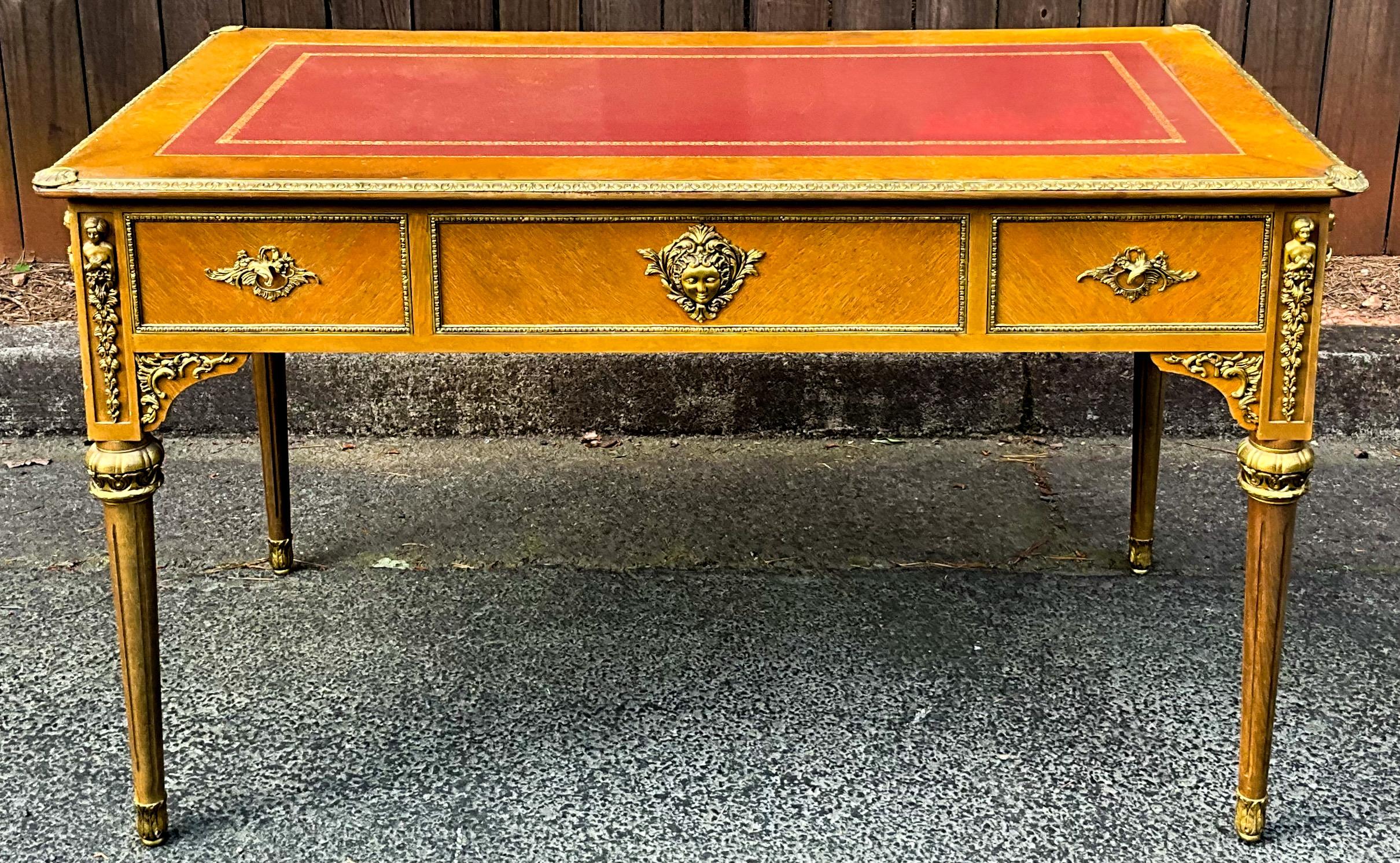 Mid-20th Century French Louis XVI Style Burl Walnut / Bronze Tooled Leather Desk or Writing Table