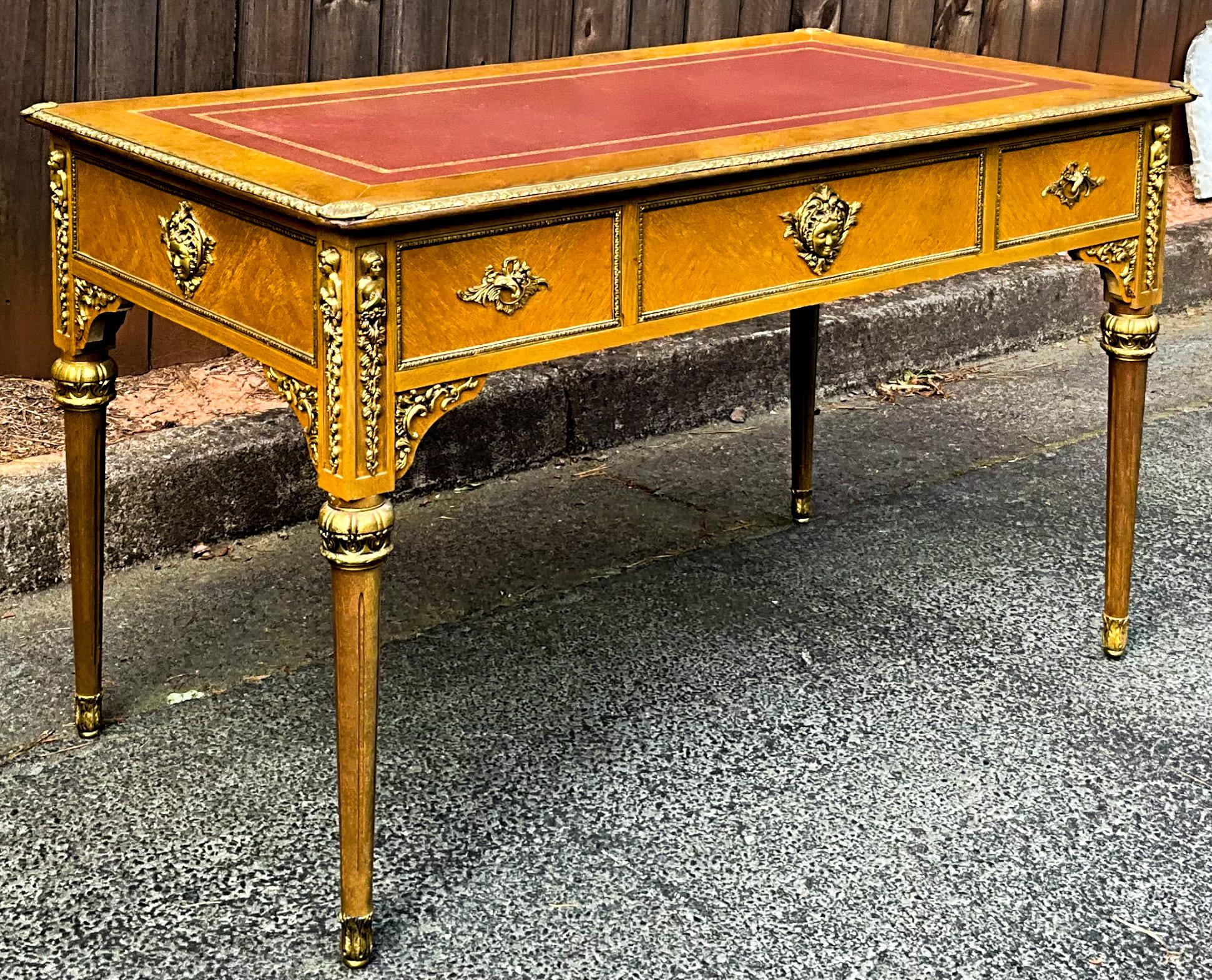 French Louis XVI Style Burl Walnut / Bronze Tooled Leather Desk or Writing Table 1