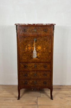 French Louis XVI Style Burl Wood Secretary Chest with Marble Top, 1930s